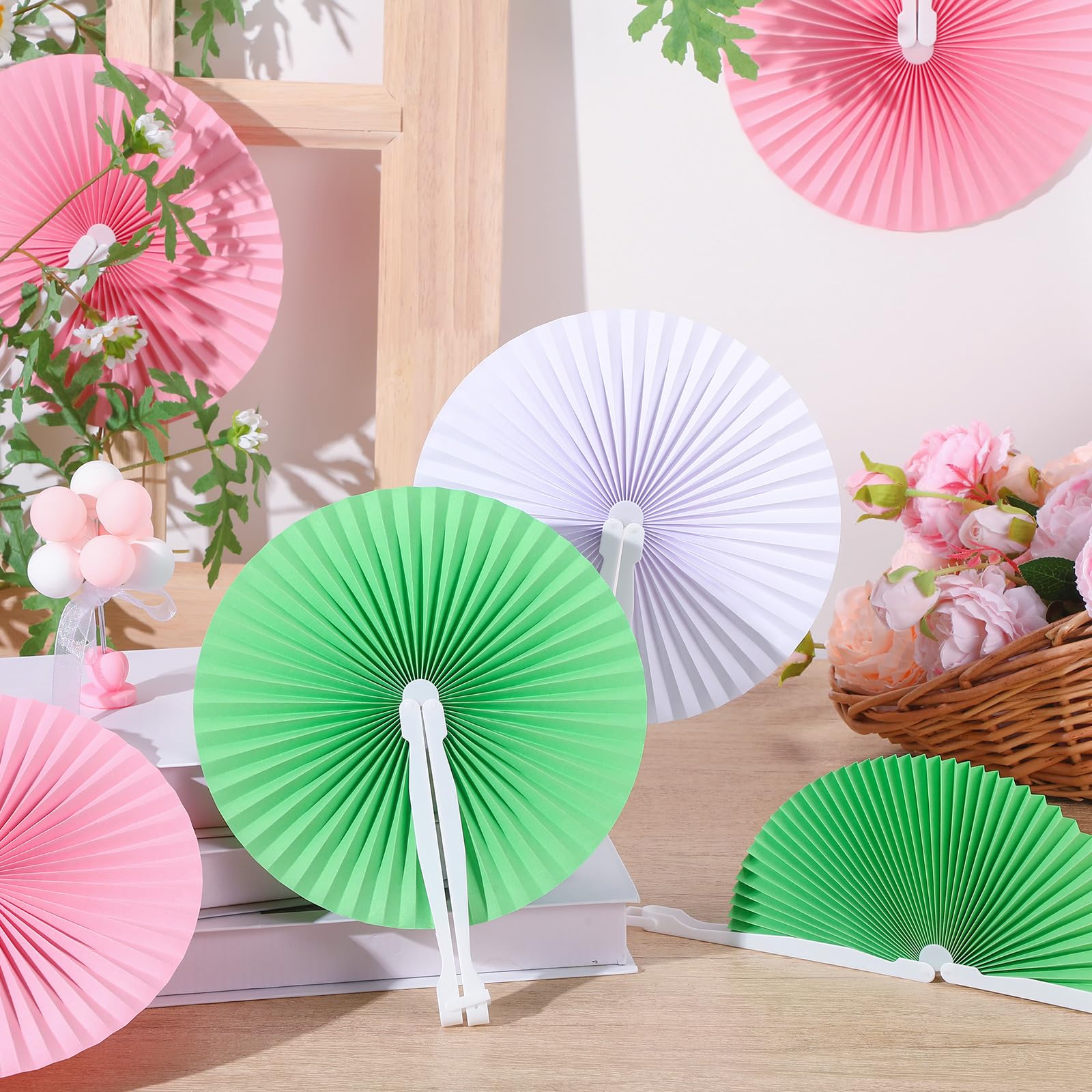 Briwooody 24 Pack Paper Folding Hand Fans Handheld Round Wedding Decorative Foldable Fans with Plastic Handle Chinese Japanese Craft Bulk for Dancing