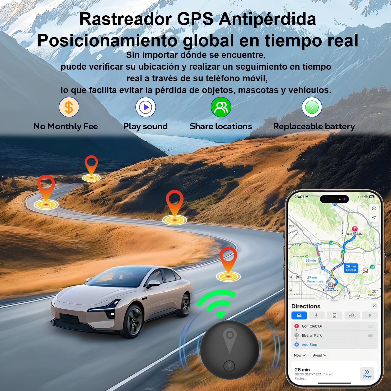 Tracker GPS Auto,Localizzatore gps Magnetico Macchina Compatibile con iOS e Android,Senza Abbonamento,Impermeabile IP67,Ideale per Veicoli/Moto/Chiavi/Bagagli/Bambini/Portafoglio