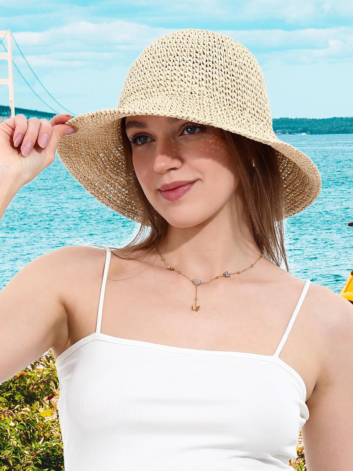 Womens Sun Hat Handmade Crochet Straw Bucket Hat Summer UV Protection Foldable Travel Cap UPF 50+ - Image 2
