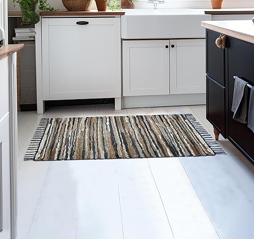 Miniatura 6 de COTTON CRAFT Leather Chindi - Alfombra decorativa rústica bohemia de estilo rústico, tejida a mano, reversible, de piel reciclada, para entrada,