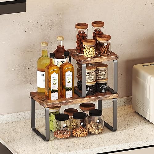 Miniatura 4 de Homeiju Estante organizador de escritorio de madera, estante de escritorio independiente ajustable de 2 niveles, organizador de escritorio apilable