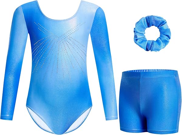 Gogokids Maillots de Gymnastique Trois Pièces pour Filles, Ensemble de Gymnastique à Manches Longues avec Short et Bandeau, Justaucorps de Danse Brillant avec Design de Couleur Dégradée pour 3-12 Ans - 1