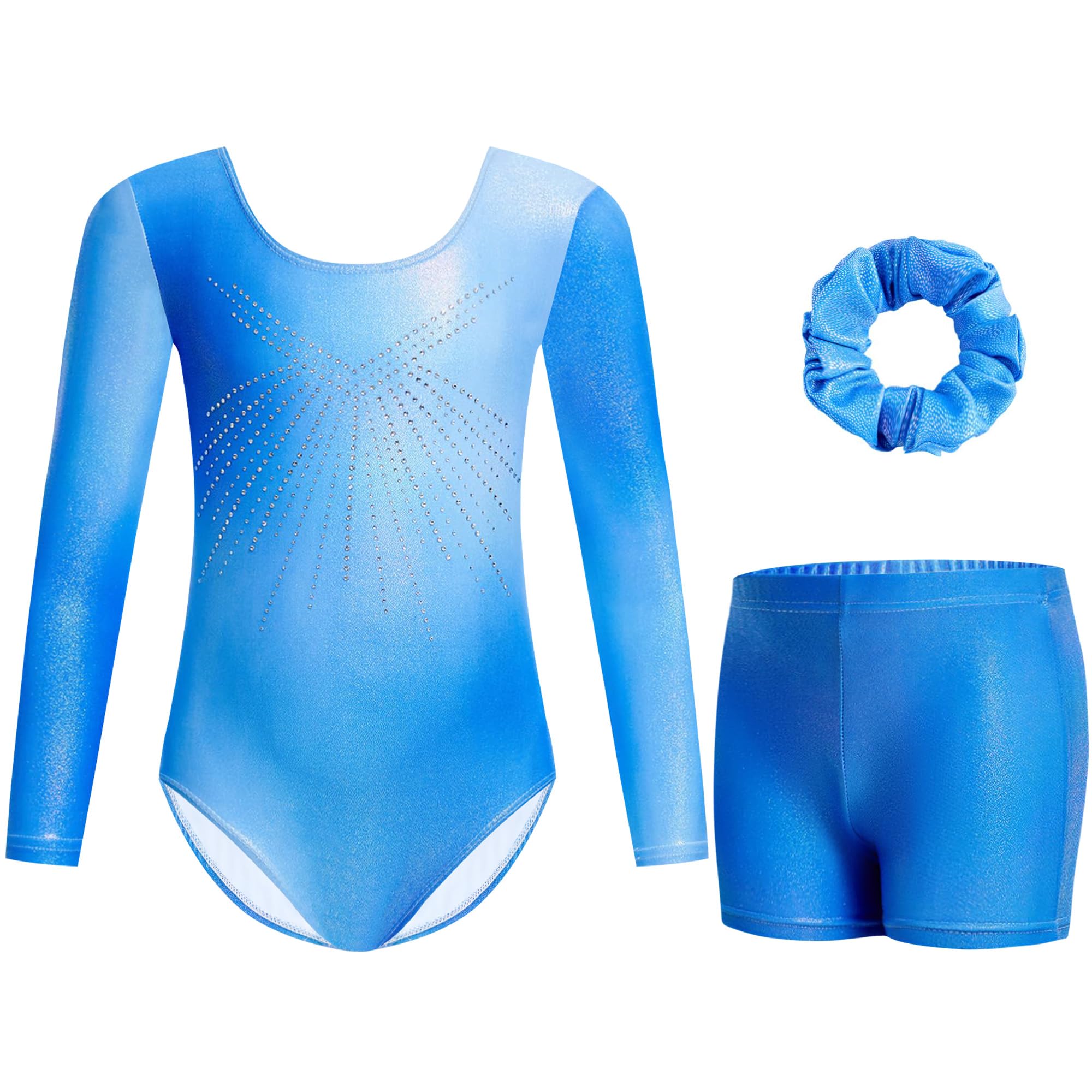 Gogokids Mädchen Dreiteilige Gymnastikanzüge, Langärmliges Gymnastik Set mit Shorts und Haarband, Glitzernde Balletteinheitstrikots - Gymnastik Outfit mit Farbverlaufdesign für 3-12 Jahre