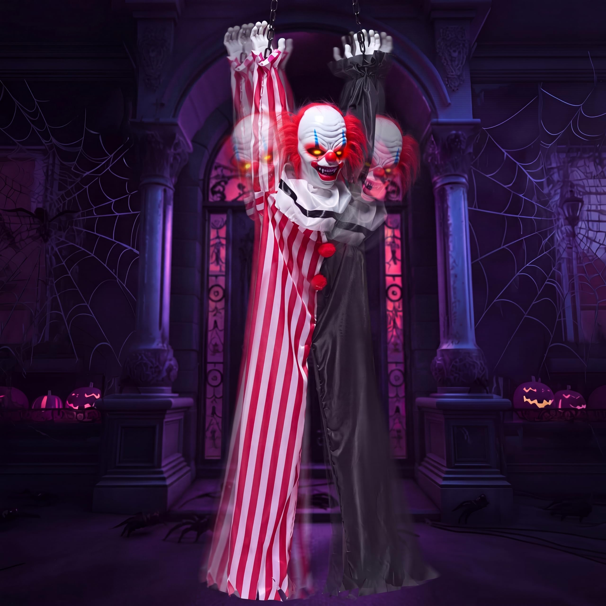 JOYIN Decorazione animatronica da appendere a forma di clown di Halloween, con catena, 165 cm, spaventoso clown con movimento, luce e suono (attivato dal suono), decorazione animata per cortile