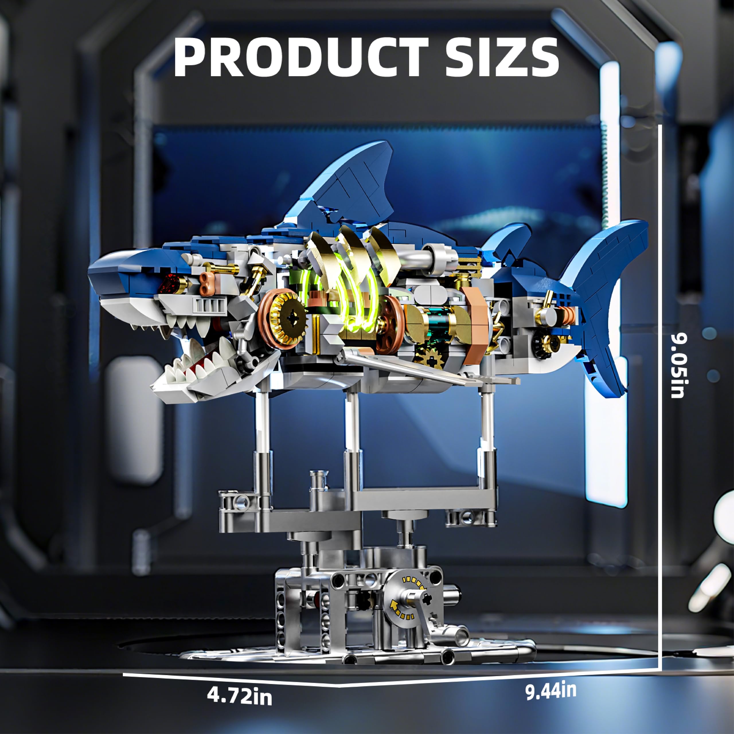 687-PCS Mechanical Shark Building Set with LED Light, Movable Linkage Gears, Display Stand - Ocean Building Block Toy for Adults, Teens, Kids Age 12+