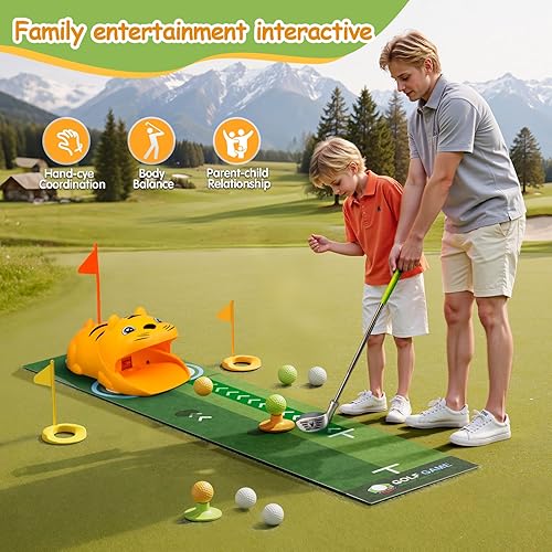 Miniatura 6 de Putting Green Indoor con palos de golf para niños pequeños, juego de fiesta con máquina automática de rebote de golf, tapetes de entrenamiento al