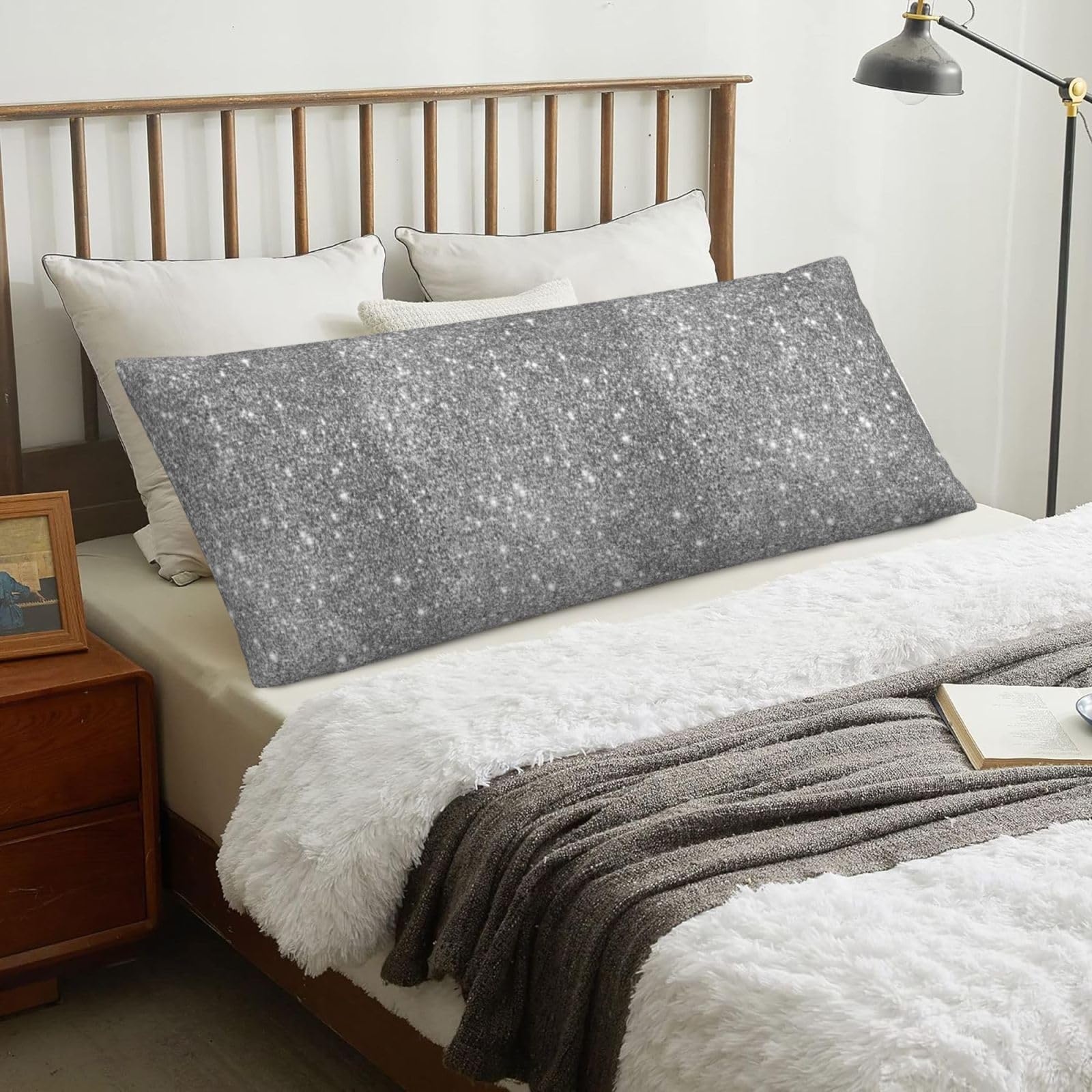 Silver Glitter Sparkles, Body Pillow Cover with Zipper,Long Body Pillowcase 20 x 60 in
