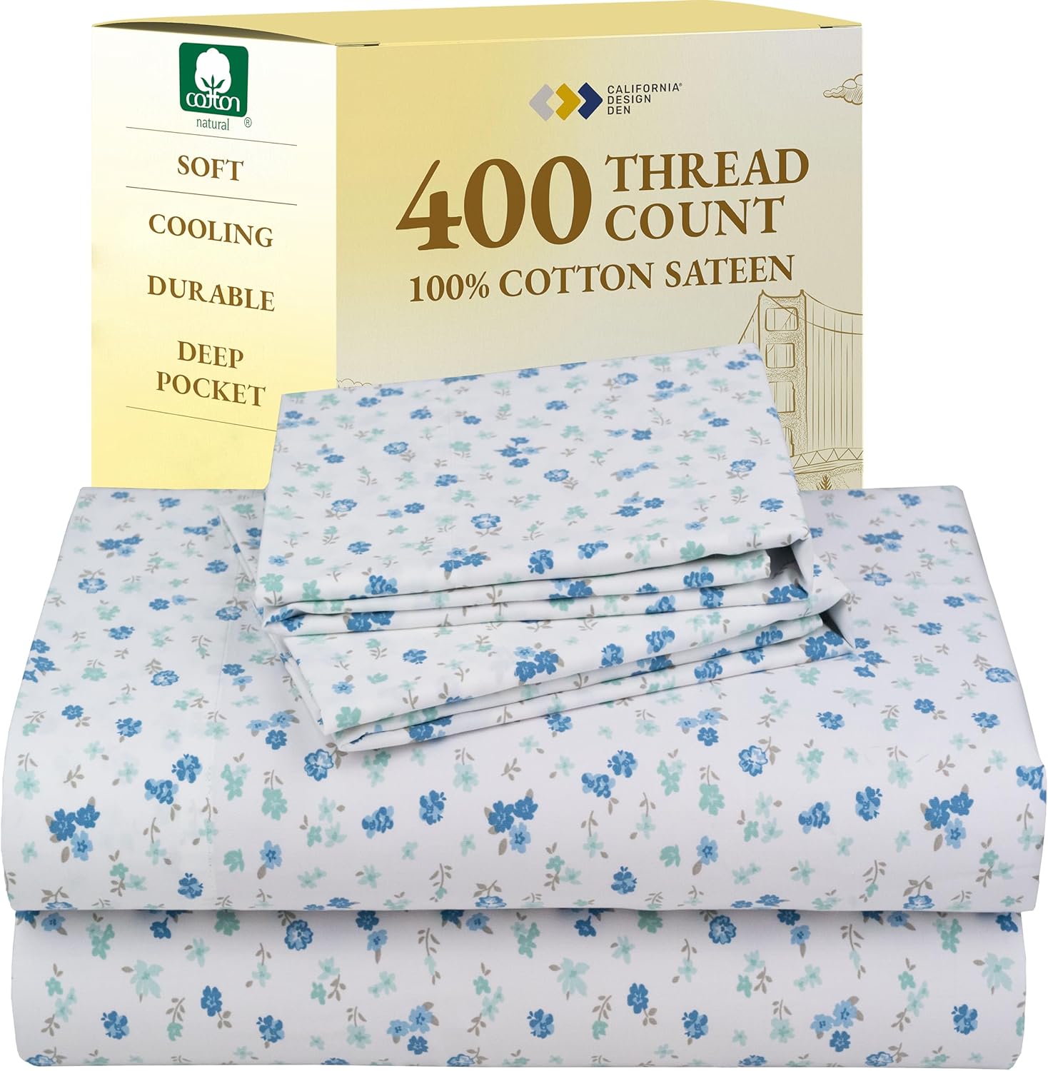 California Design Den Floral Printed Queen Sheet Set - 400 Thread Count, Soft Sateen, Natural 100% Cotton Sheets, Deep Pockets, and Durable Bedding Set - Blooming Meadows - Thumbnail 4