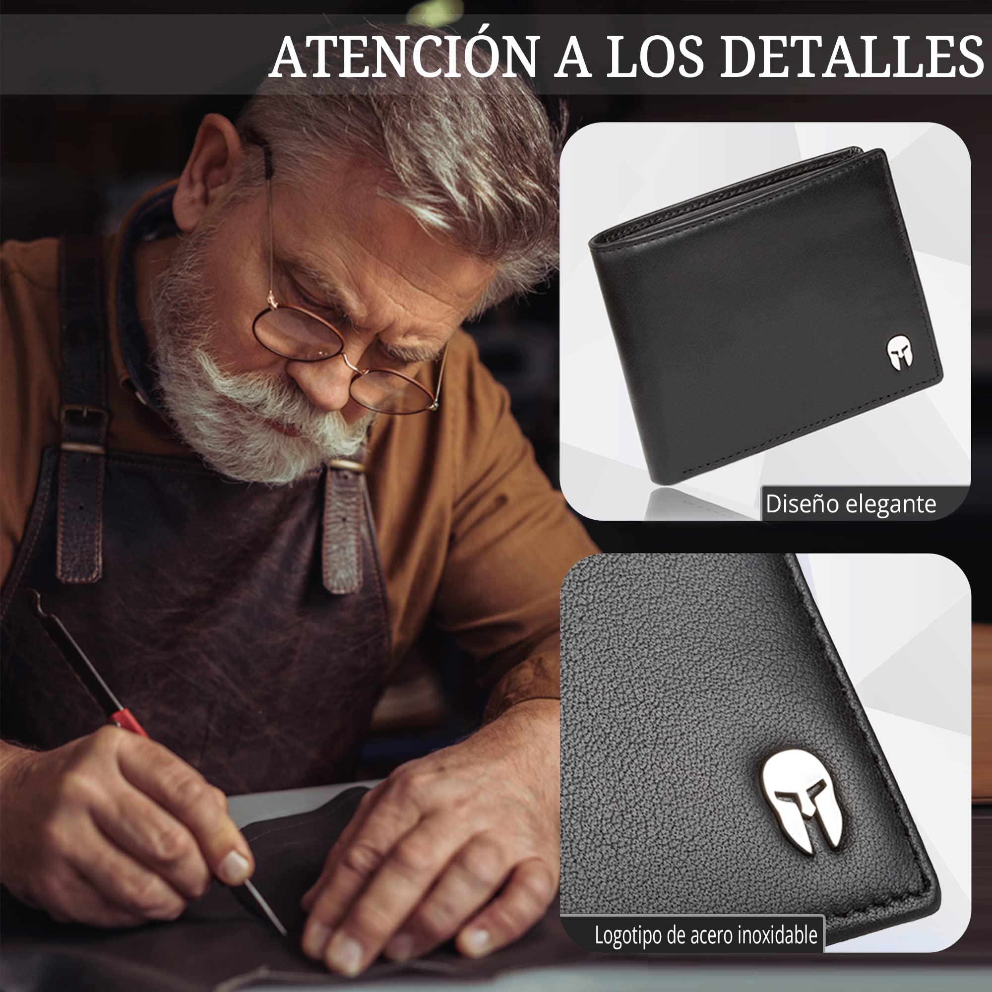 SPARTANO Carteras para Hombre con protección RFID, 11 Ranuras para Tarjetas de crédito, 1 Bolsillo para Monedas, 2 Compartimentos para Billetes, 3 Bolsillos internos - Zeus (Negro)