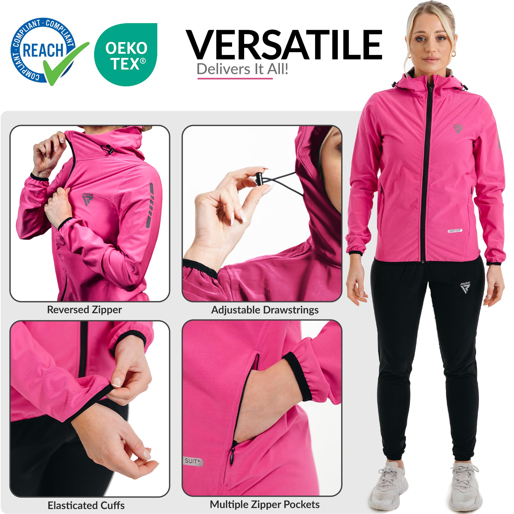 RDX Traje Sauna Mujer Adelgazante, Cumple con Reach Oeko Tex 100 Certificado Sudor Chándal con Capucha, Trajes Sudoración Deportiva Fitness Boxeo Yoga Running Gimnasio, Conjunto de Pantalón Superior