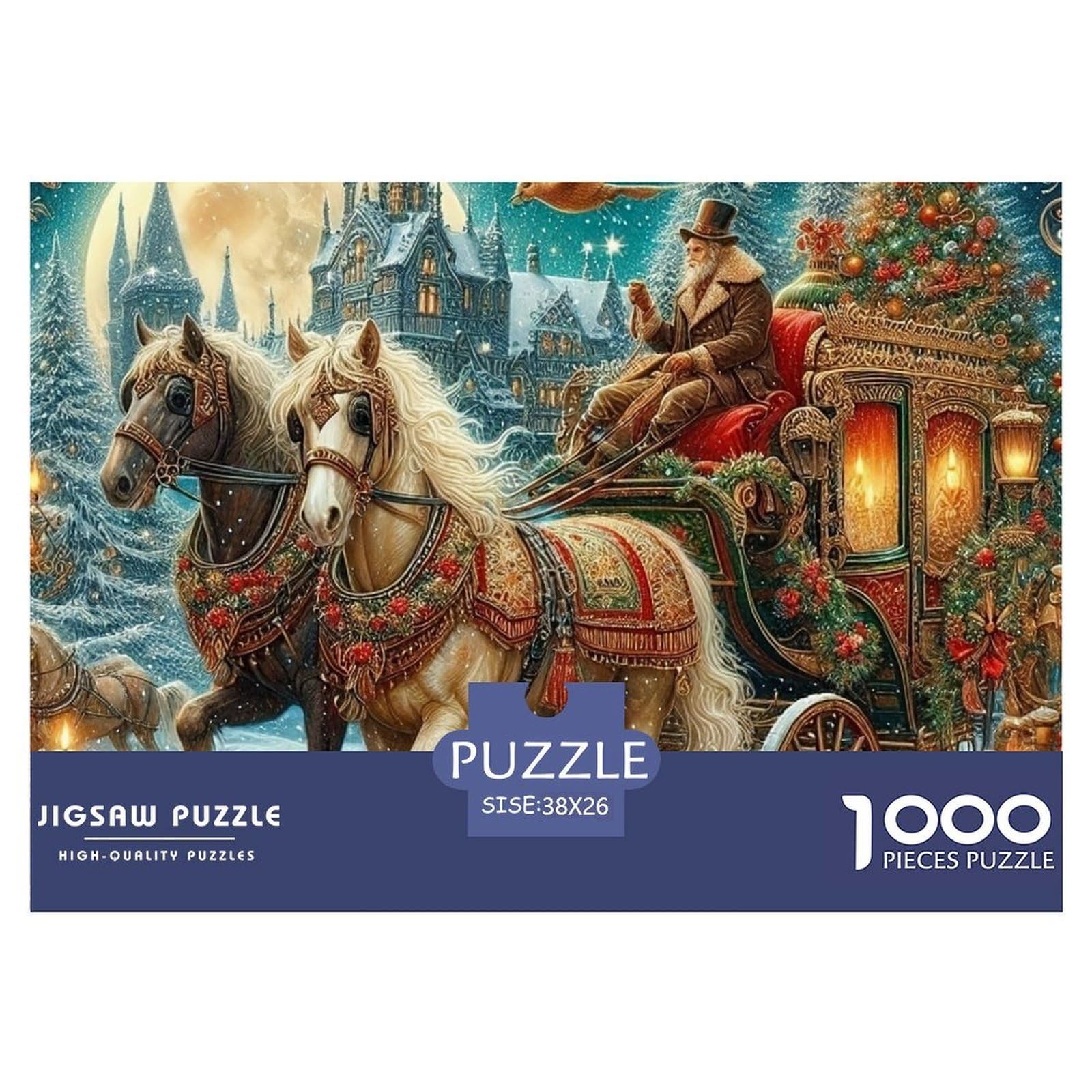 Christmas Carriage 1000 Piece Recycled Paper Puzzle -Cat Horse Christmas Carriage Puzzles for Adults Gifts Educational Game Challenge Wall Decor38x26cm/1000pcs — image 1