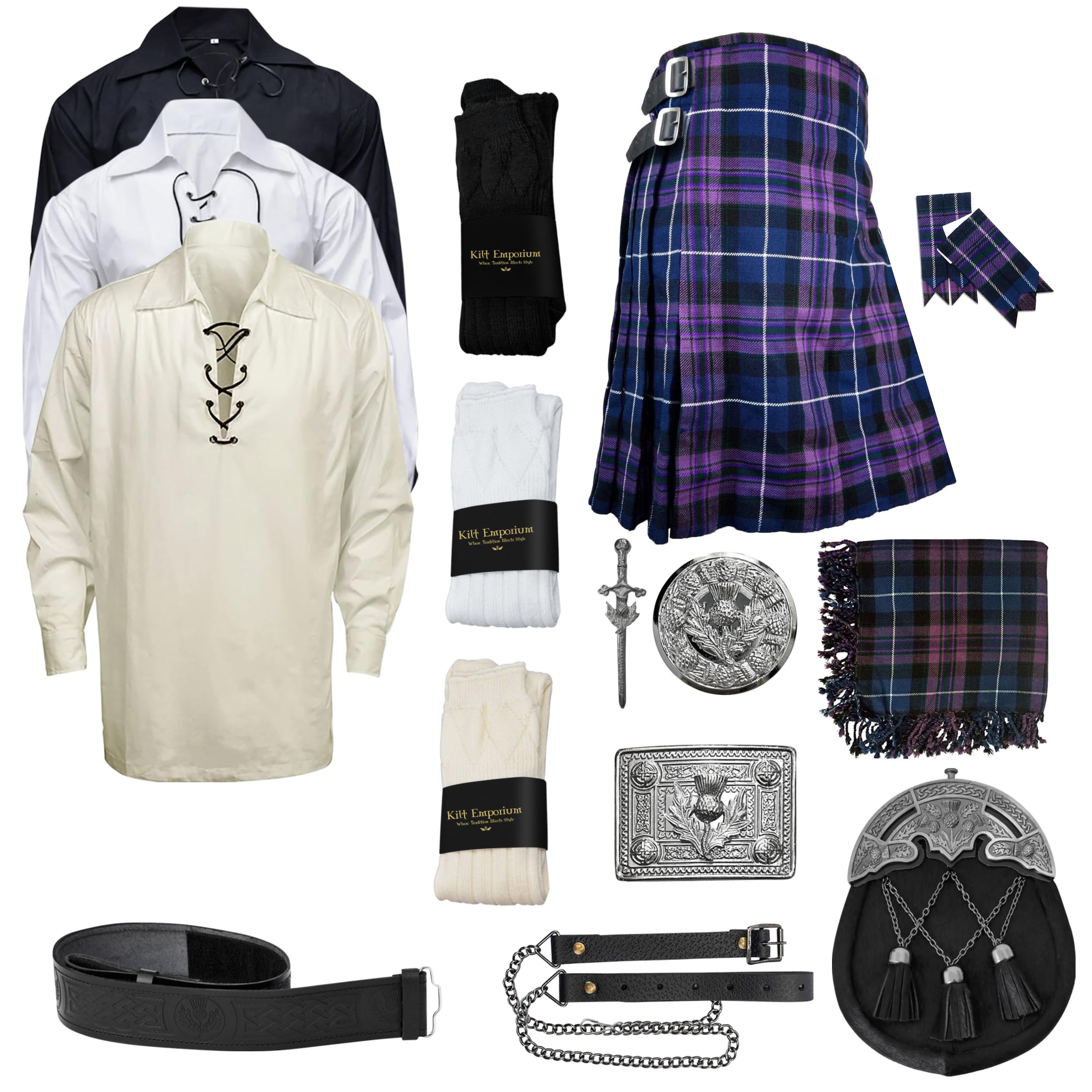 kilt Emporium: Scottish Thistle Set - Complete Tartan Kilt & Scottish Clothing - 10 Piece Set, Pride of Scotland