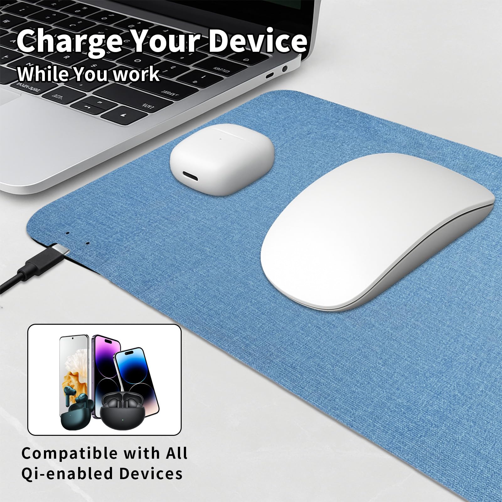 Tappetino per mouse con ricarica wireless veloce, 15 W, tappetino per scrivania da ufficio con superficie ultra liscia base in gomma antiscivolo, tappetino per mouse impermeabile per computer/ufficio