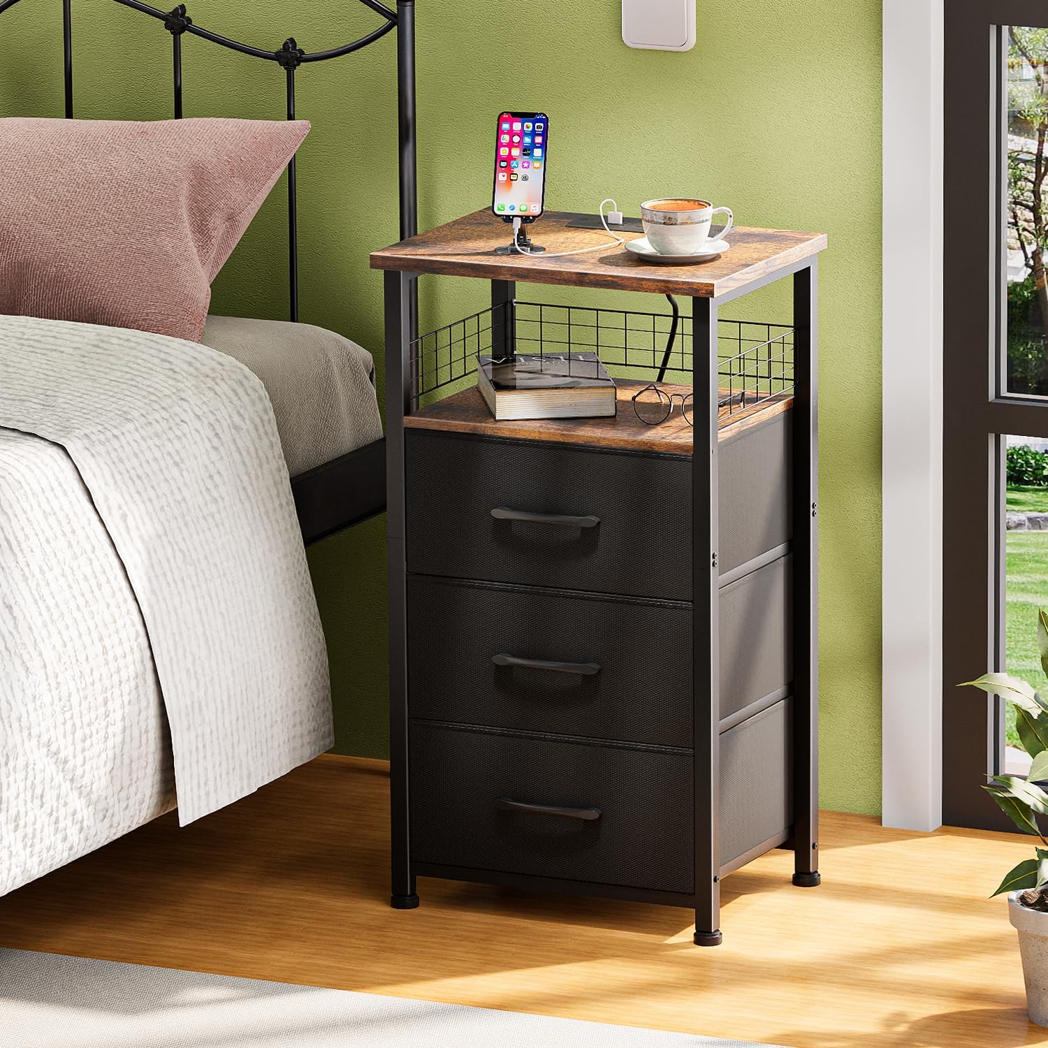 Night Stand Set 2 with Charging Station, End Table Set of 2 with 20 Colors LED Light Strip, 3 Fabric Drawers, Bedside Table with USB Ports and Outlets for Bedroom (Rustic Brown)