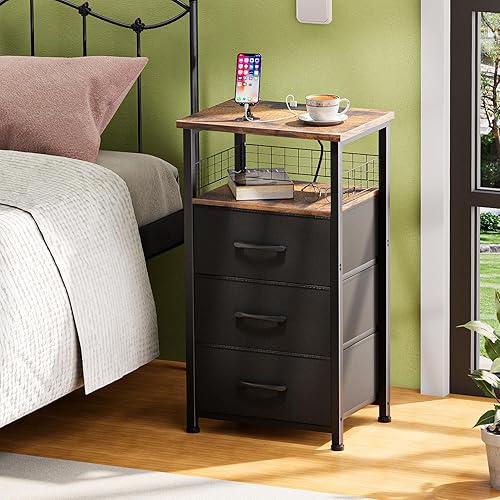 Miniatura 25 de Juego de 2 mesitas de noche con estación de carga, juego de 2 con tira de luz LED de 20 colores, 3 cajones de tela, mesita de noche con puertos USB