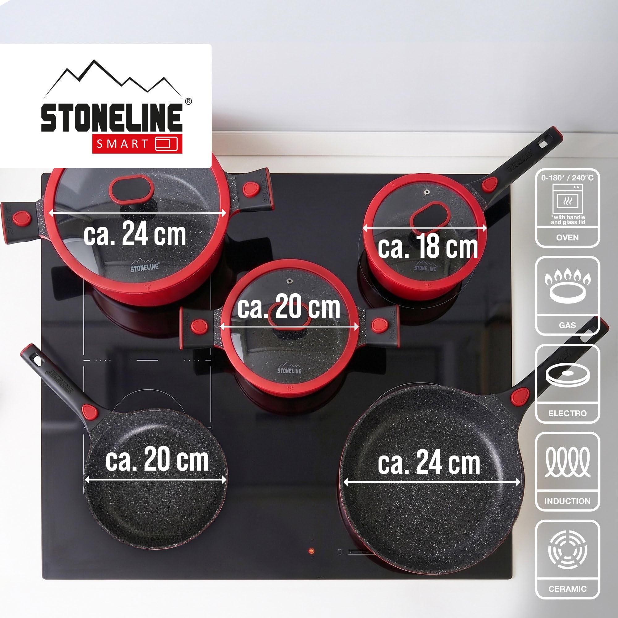 STONELINE SMART Pfannen Töpfe Set 8-teilig ☆ REDESIGN 25/26 ☆ Aluguss Topfset mit Deckel, Abnehmbarer Griff, Kochtopf Pfanne Induktion, Alle Herdarten, Antihaftbeschichtet Echte Steinpartikel, Rot