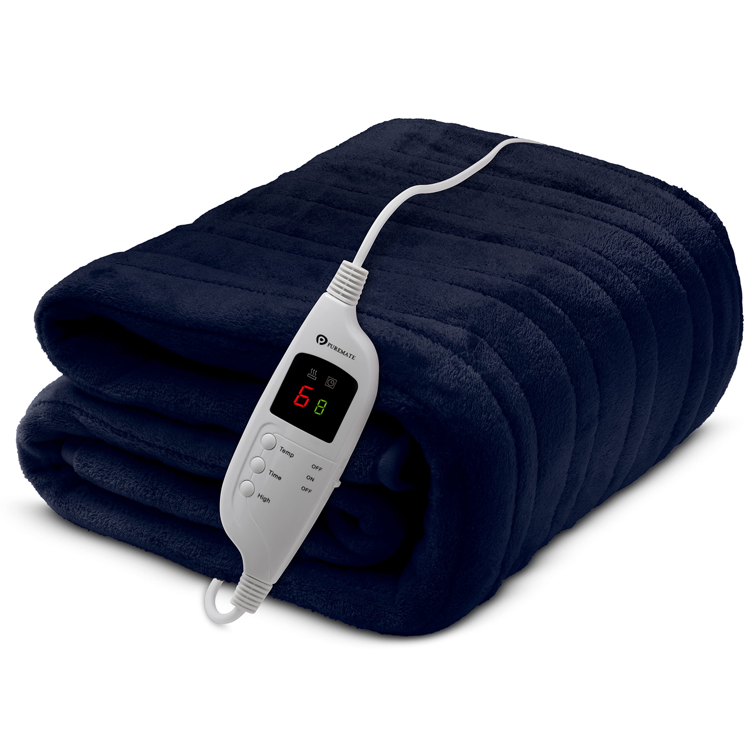 PureMate Luxury Fleece Electric Heated Throw - Navy Blue - 160cm x 130cm - 9 Heat Settings