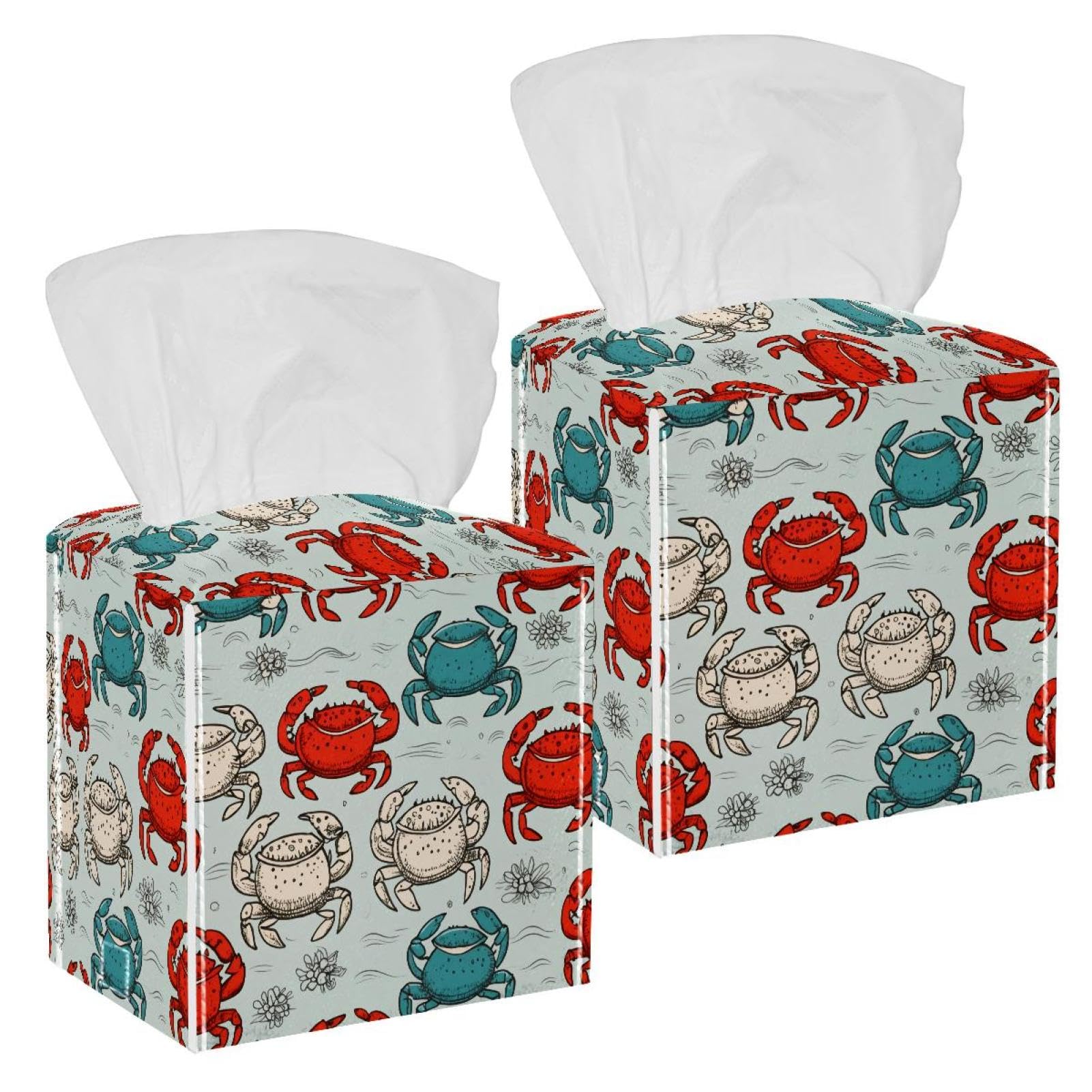 Crab Pattern Tissue Box Cover, 2 Pack PU Leather Square Facial Tissue Dispenser Box holder for Home Office Car