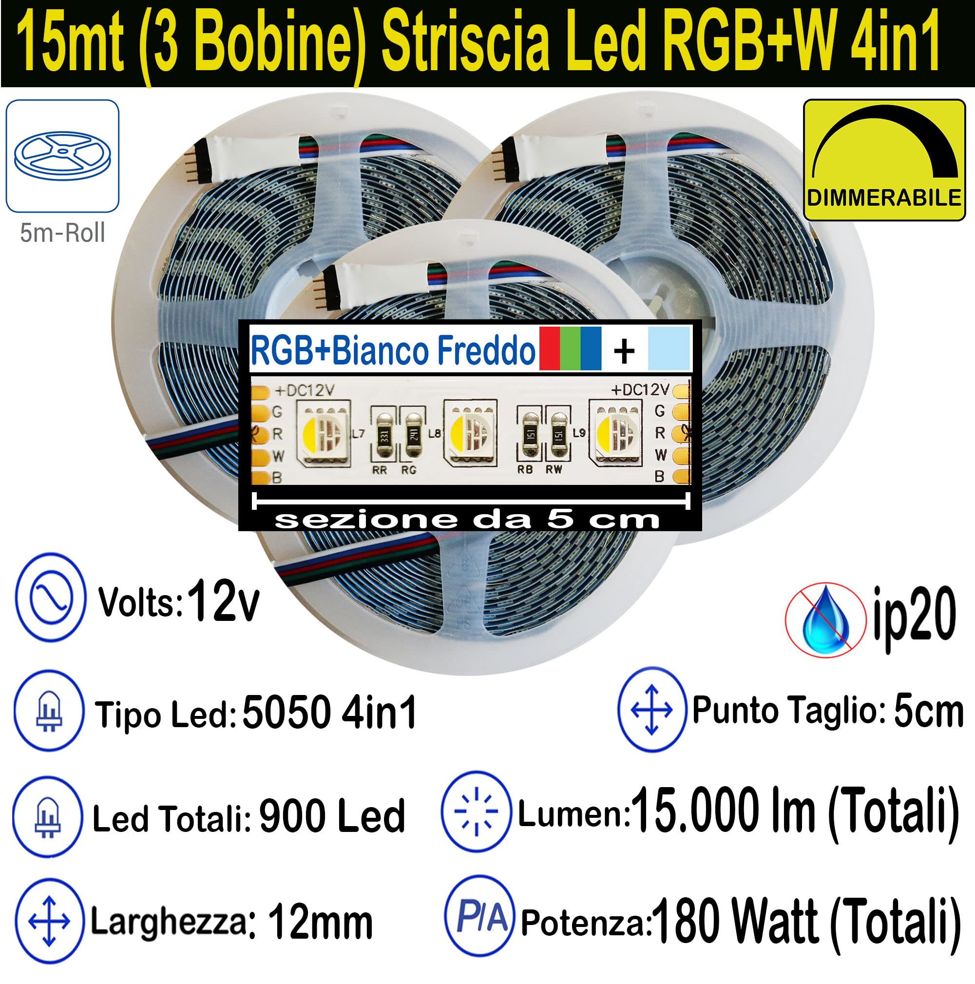 RGB+Bianco Freddo 4in1. Kit da 15 Metri con 1 Trasformatore da 180w 12V e 1 WL5 4in1 +1 Telec.. Con 900 Led RGB+W sviluppa 7500+7500 Lumen. Striscia RGBW Ip20
