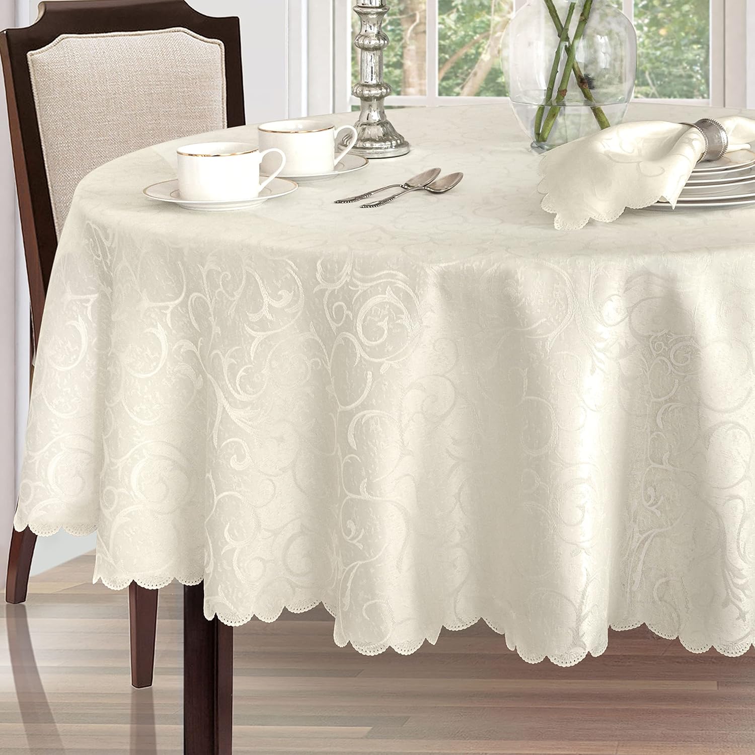 Newbridge Portofino Scalloped Damask Fabric Tablecloth, 60 x 84 Inch Oval, Ivory, Wrinkle and Stain Resistant Fine Dining Holiday Party Table Cover