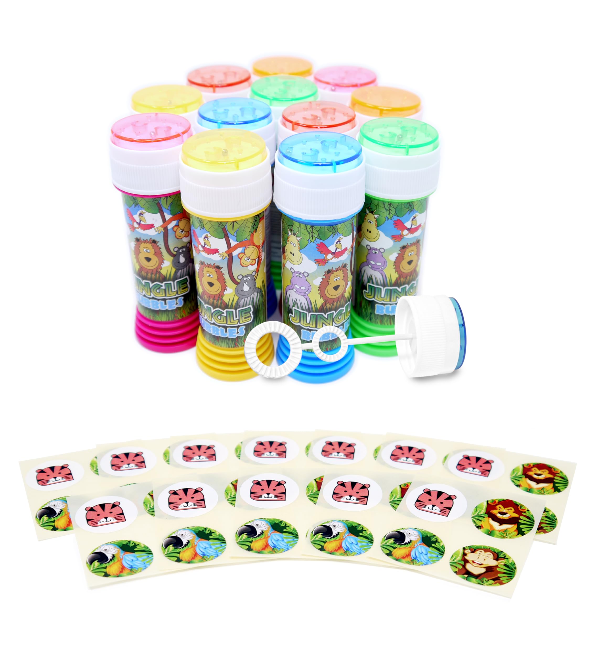 Anila's Themed Bubble Tubs with Wand & Stickers for Party Bag Fillers and Party Favours for Children -6 Jungle Bubble Tubs & 6 Sheets of Anila's Jungle Stickers. (Ideal for Children Aged 3-8) โ image 1