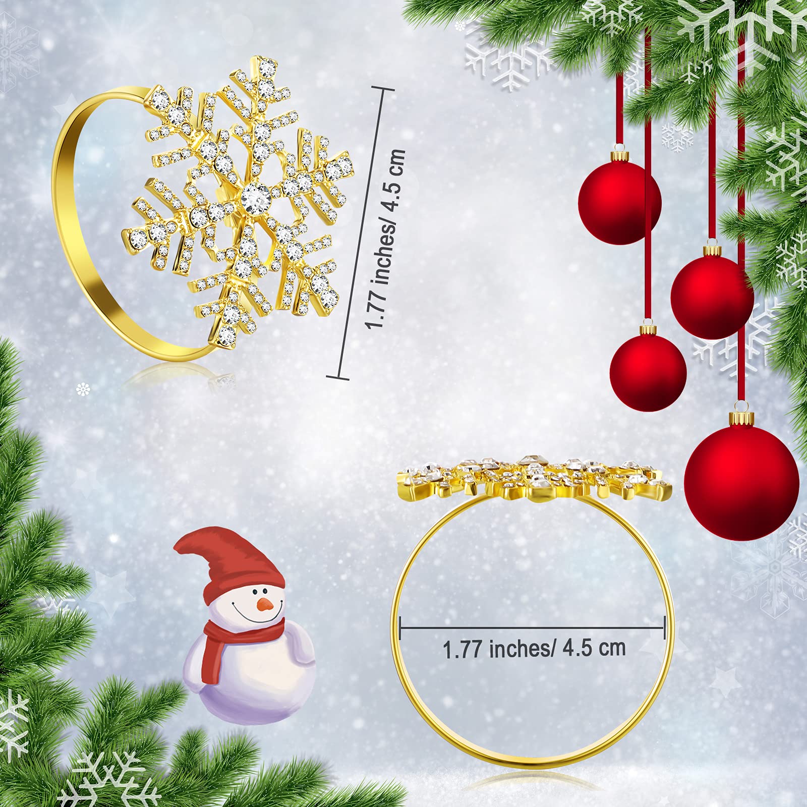 Lot de 48 ronds de serviette en forme de flocon de neige avec strass pour Noël, fête de mariage, décoration de table (doré)