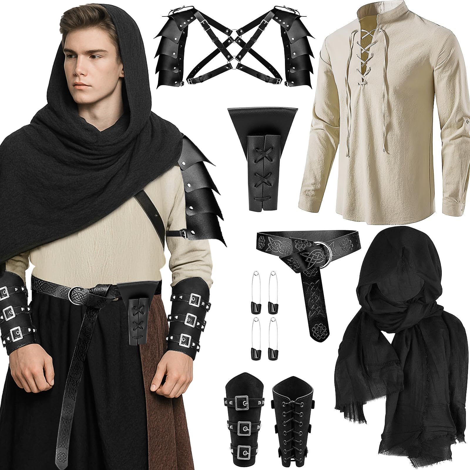 HFZCV 7 Pcs Men's Renaissance Costume Viking Medieval Pirate Armor & Bracers Set LARP, Renaissance Fair Outfit, Halloween Cosplay (L)