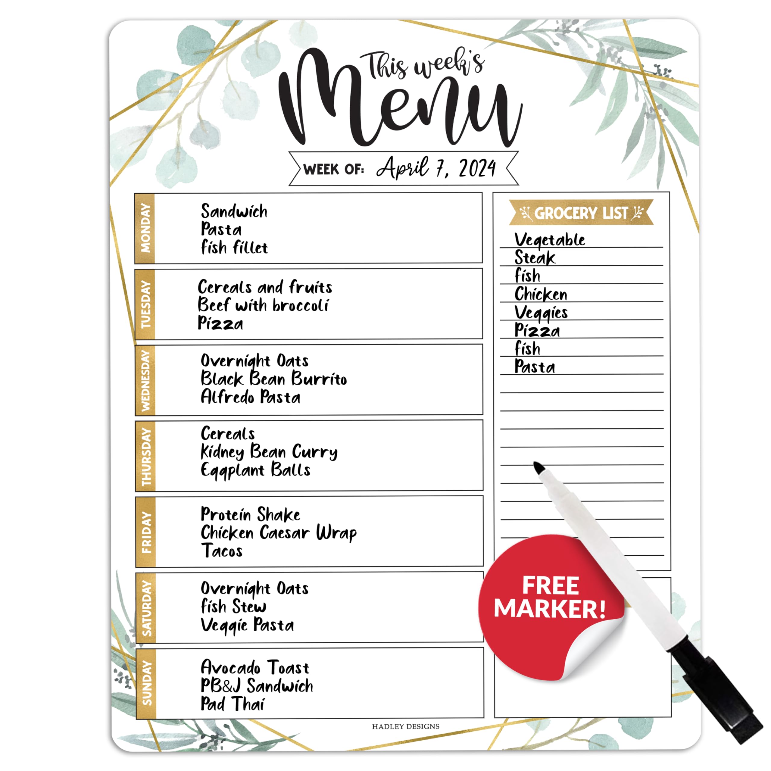 Hadley Designs Greenery Weekly Dinner Menu Board For Kitchen-Magnetic Meal Planner For Refrigerator, Weekly Menu Board Meal Planner, Dry Erase Board