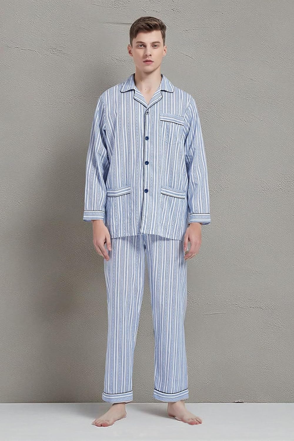 amaxer Mens 100% Cotton Pajamas Set Long Sleeve Pjs Button Fly Pants Soft Elastic Drawstring Waistband Bottoms - Image 10