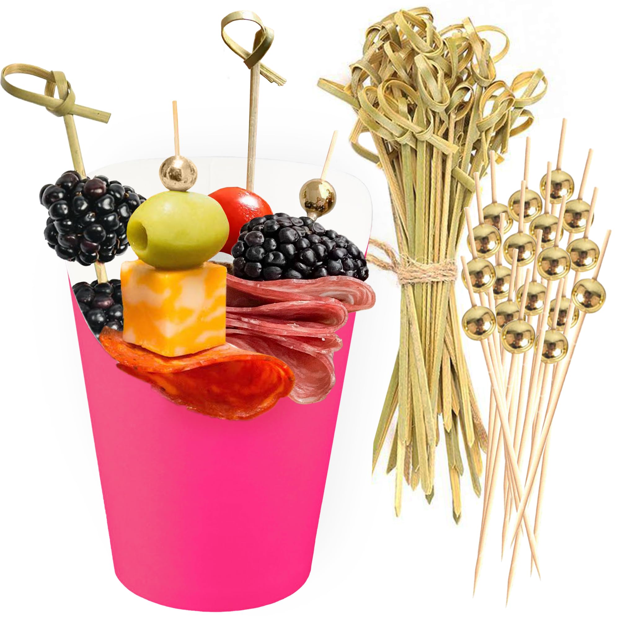 CUSINIUM 50pk 14oz Hot Pink Charcuterie Cups with 200 Sticks (2 Types) - Wide Enlarged Top Cutout for Better Display - Hot Pink Paper Charcuterie
