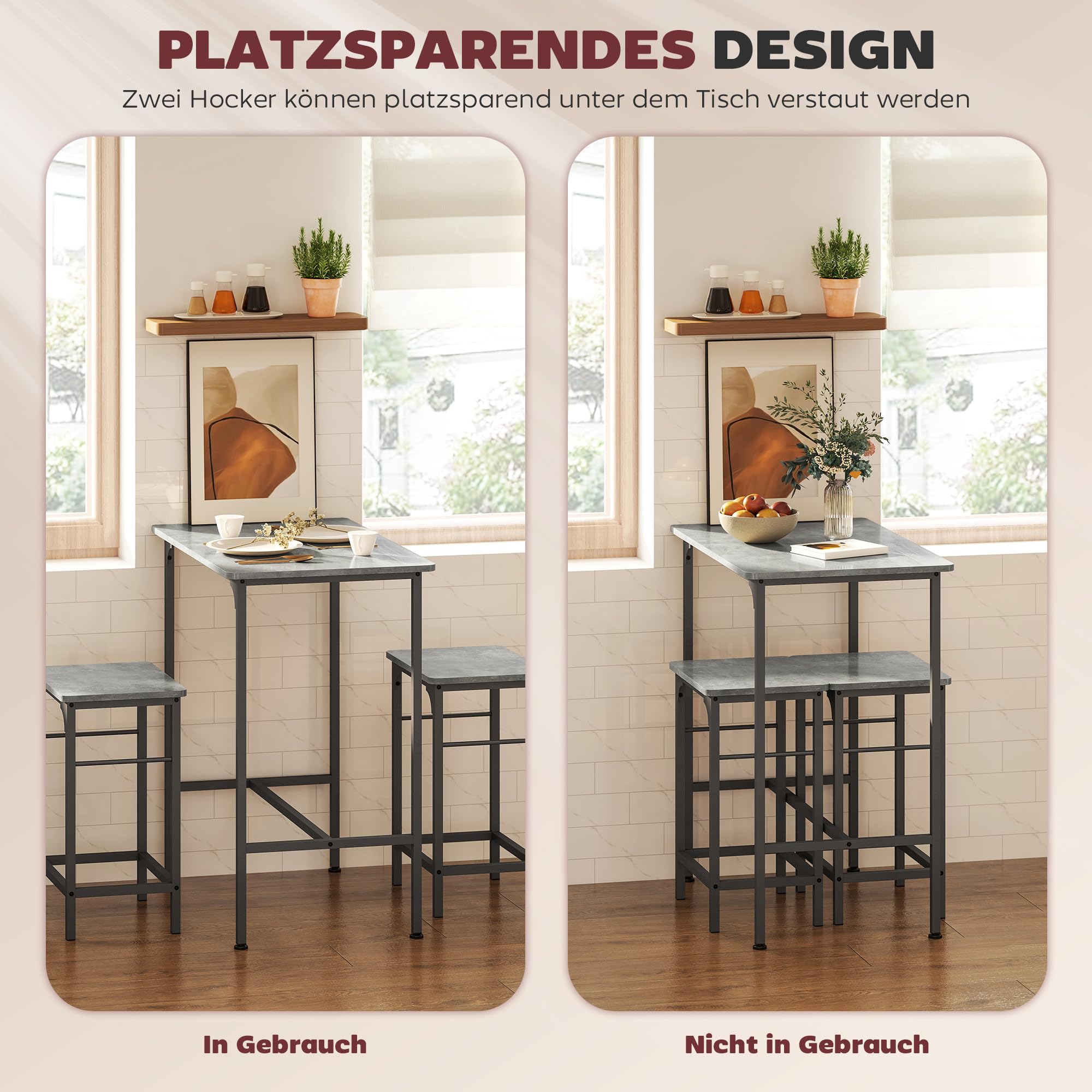 HOMCOM Bartisch Set Bartisch mit Barhocker-Set Esstisch mit 2 Stühlen mit Rutschfestem Fußpolster Küchentisch für Esszimmer, Küche, Grau
