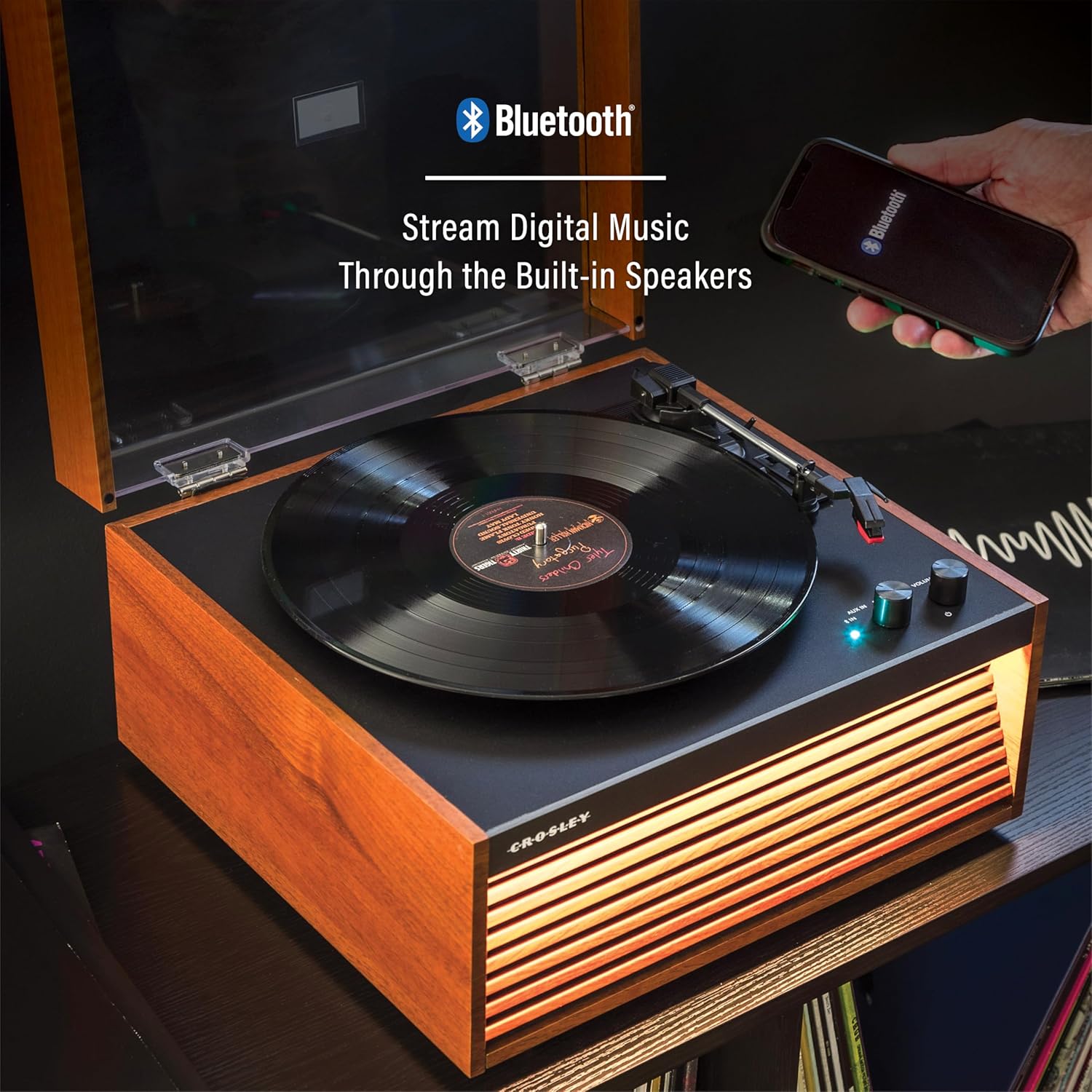 Crosley CR6237AFT-NA Dean 3-Speed Bluetooth in/Out Vinyl Record Player Turntable with Built-in Speakers, LED Lights and Detachable Legs, Natural