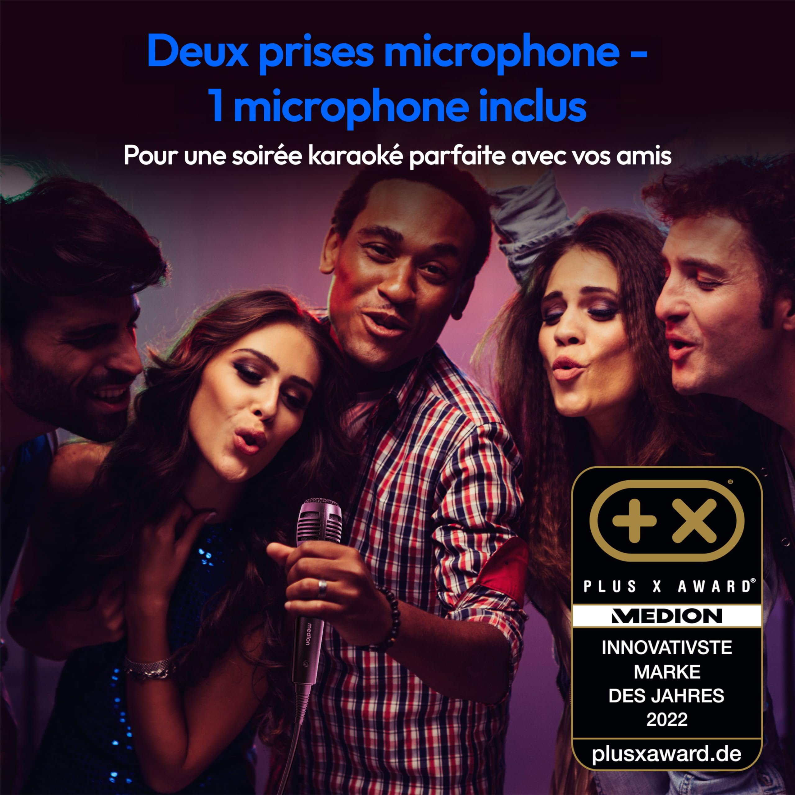 MEDION P15012 Party-Soundsystem (haut-parleurs de fête avec microphone, karaoké Partybox, batterie, Bluetooth, True Wireless Stereo, 2X 220 watts, effets lumineux, USB, AUX, 2X prise microphone, insta
