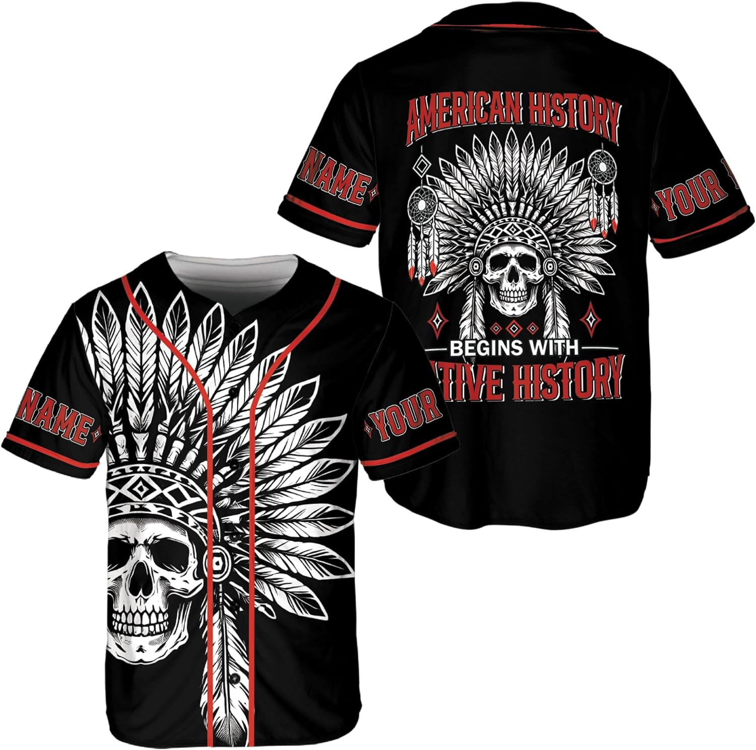 VanLich Store Personalized Native Skull Baseball Jersey Unisex (XS-5XL) - Skull Theme Graphic Shirt