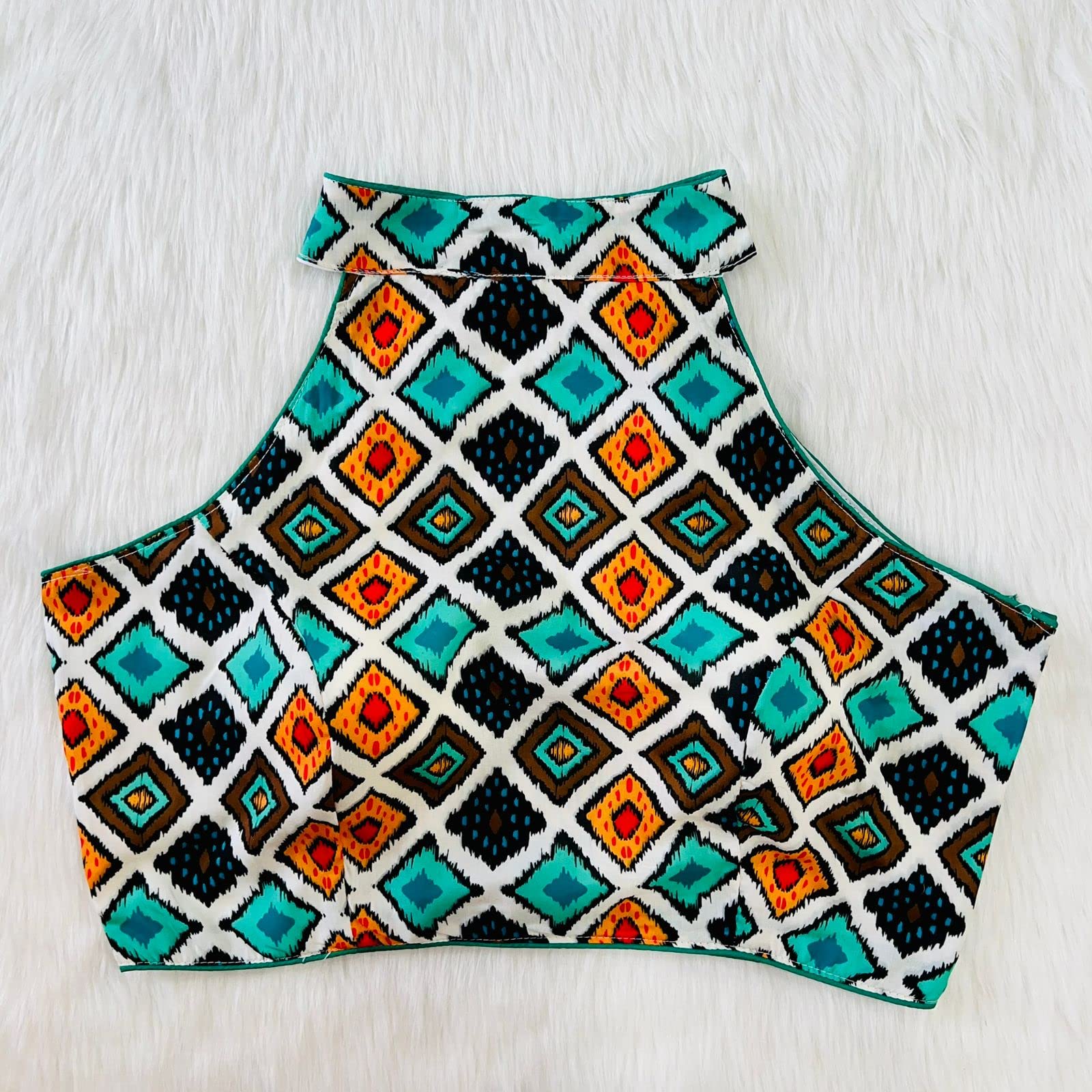 Pujia Mills Womens Readymade Halter Neck Sleeveless Printed Saree Blouse.(Halter Neck Print Sky Blue_38)