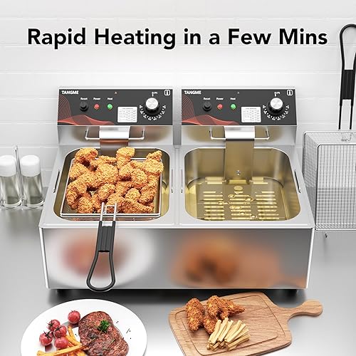 Miniatura 2 de Freidora Comercial Profunda con Cestas 20.7Qt Tanque Doble Freidora Eléctrica de Mostrador Mejorada Trabajo Pesado Acero Inoxidable Engrosado 1mm,