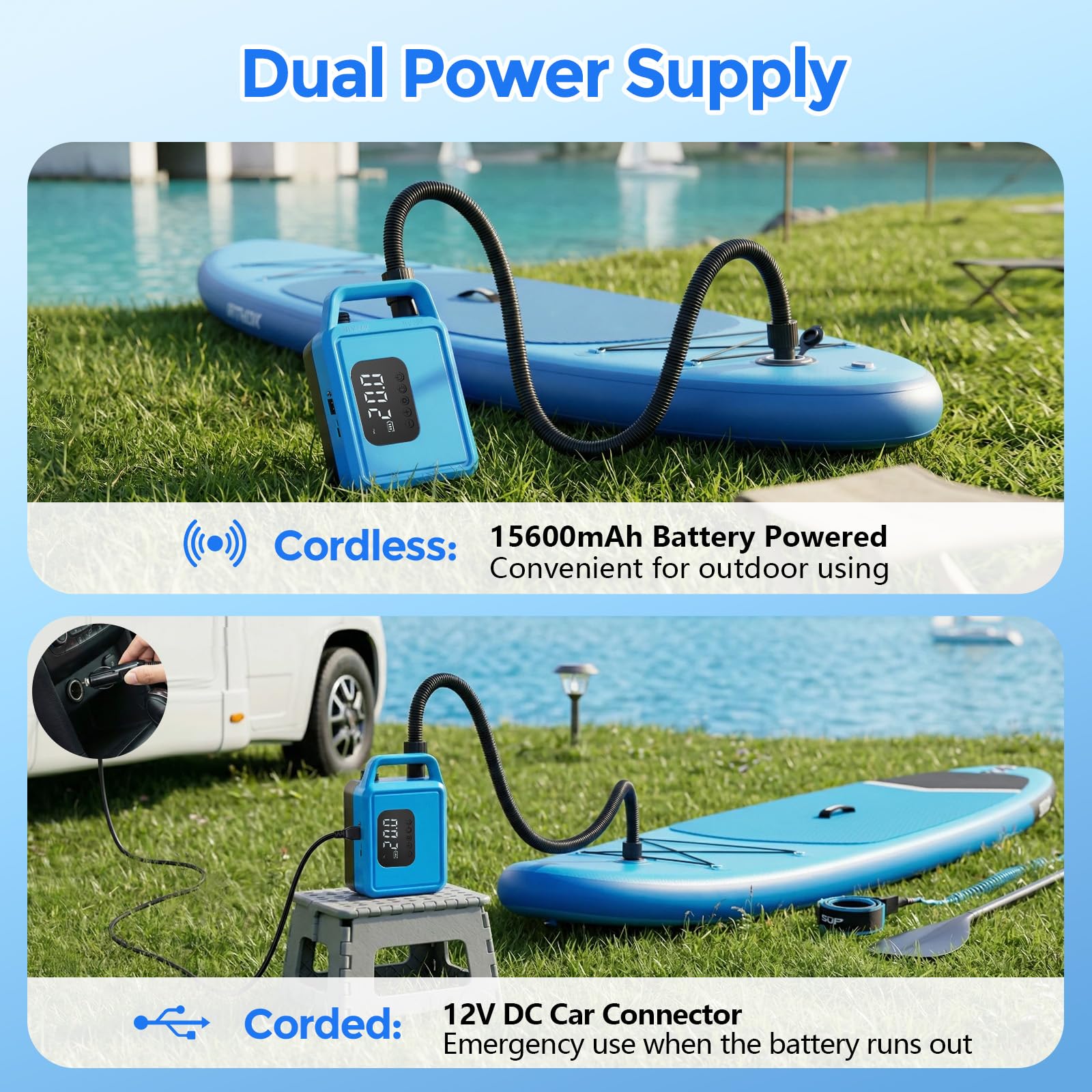 Pompa elettrica SUP 20 PSI Pompe ad aria con batteria ricaricabile da 15600 mAh Intelligente Inflazione/Deflazione Precisione fino a 0,01 bar Spegnimento automatico per tavole SUP kayak