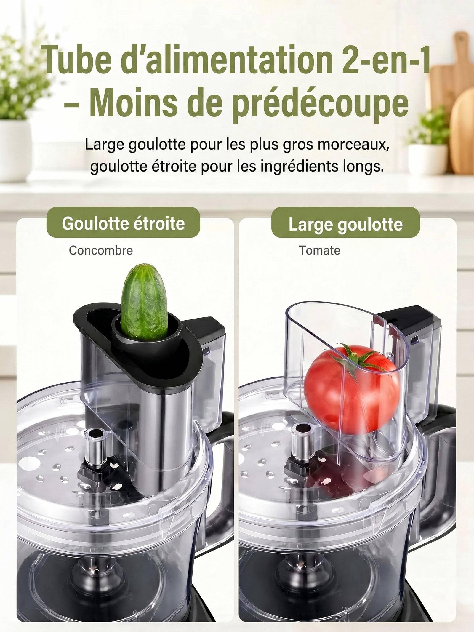 FOHERE Robot de Cuisine 2,3 L, Large 2-en-1 Goulotte, Robot Multifonction
