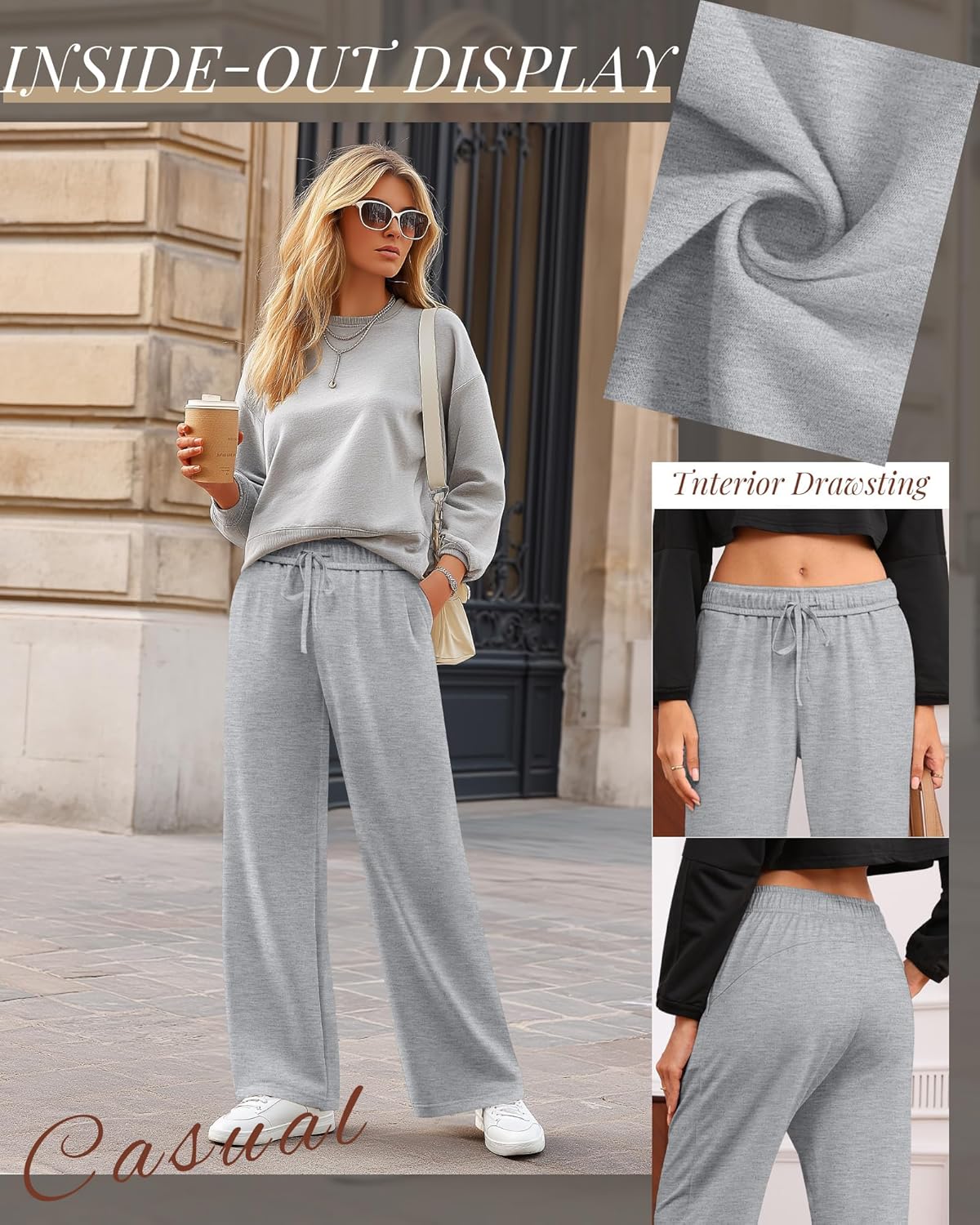 3 Pack Women's Wide Leg Sweatpants Interior Drawstring Baggy Sweatpant High Waisted Casual Jogger Pant with Pocket - Image 5