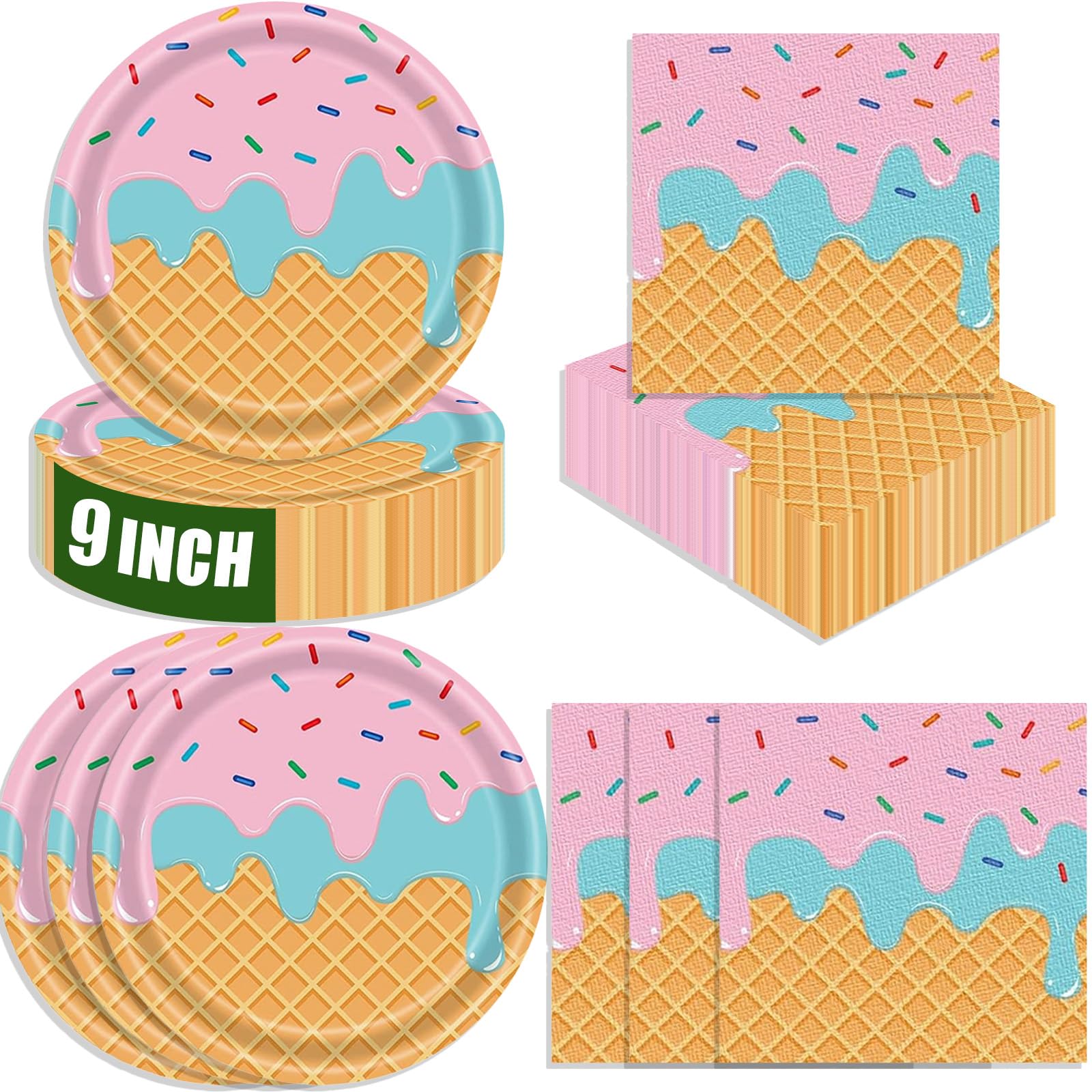 40 Pcs Ice Cream Plates and Napkins Party Supplies,Disposable Ice Cream Paper Plates and Napkins Tableware Set for Birthday Baby Shower Sweet Summer Ice Party Serve 20 Guests