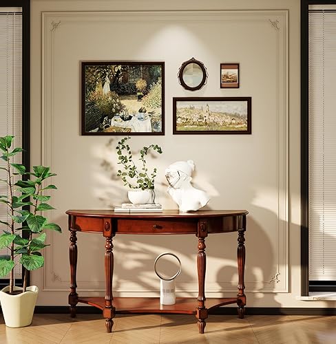 Miniatura 4 de MODERION Mesa consola de madera maciza con cajón, estante de almacenamiento de entrada semicírculo, tallas de media luna, elegante sofá vintage para