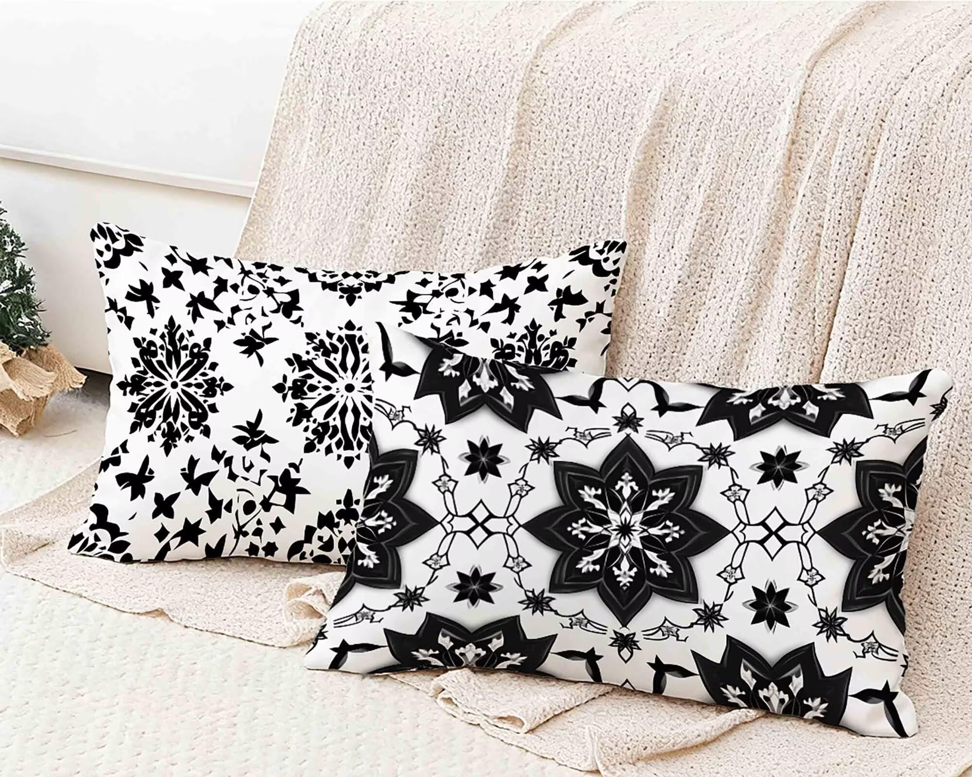 Kissenbezug Schwarzweiß Kissenbezug 50x80cm 2er Set, Kopfkissen Böhmen Kopfkissenbezug Wasserdicht Leinen Design Kissenbezüge Herbstdeko mit Verstecktem Reißverschluss, Deko Schlafzimmer -lsy25012WK