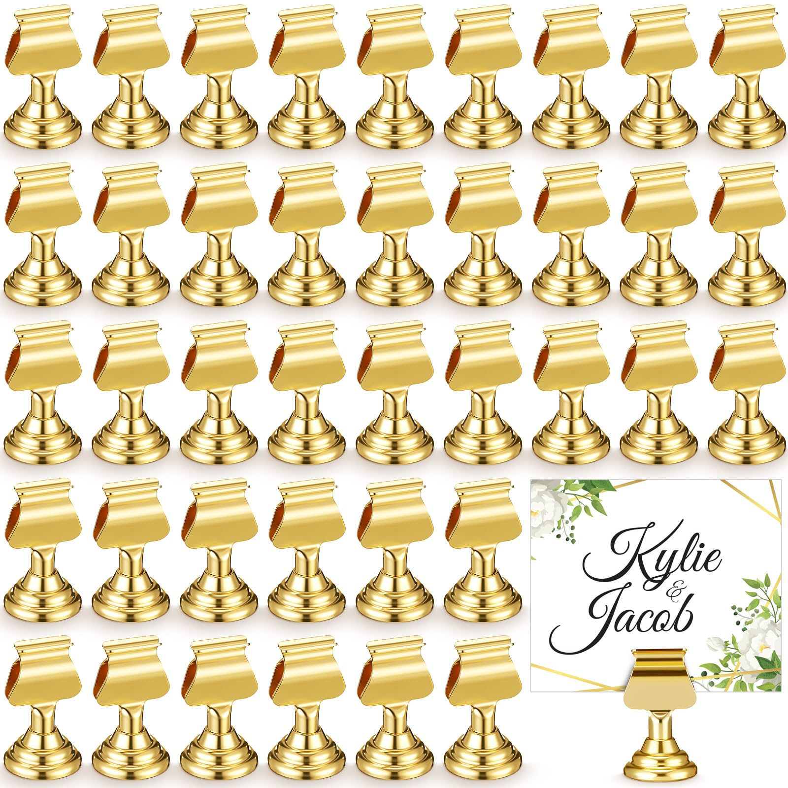 Kathfly 48 Pcs Metal Table Number Holders 1.7 Inch Gold Mini Place Card Holders Bulk Harp-clip Table Sign Stands Card Holder Display Picture Memo Notes Menu for Weddings Restaurants Birthday Decor