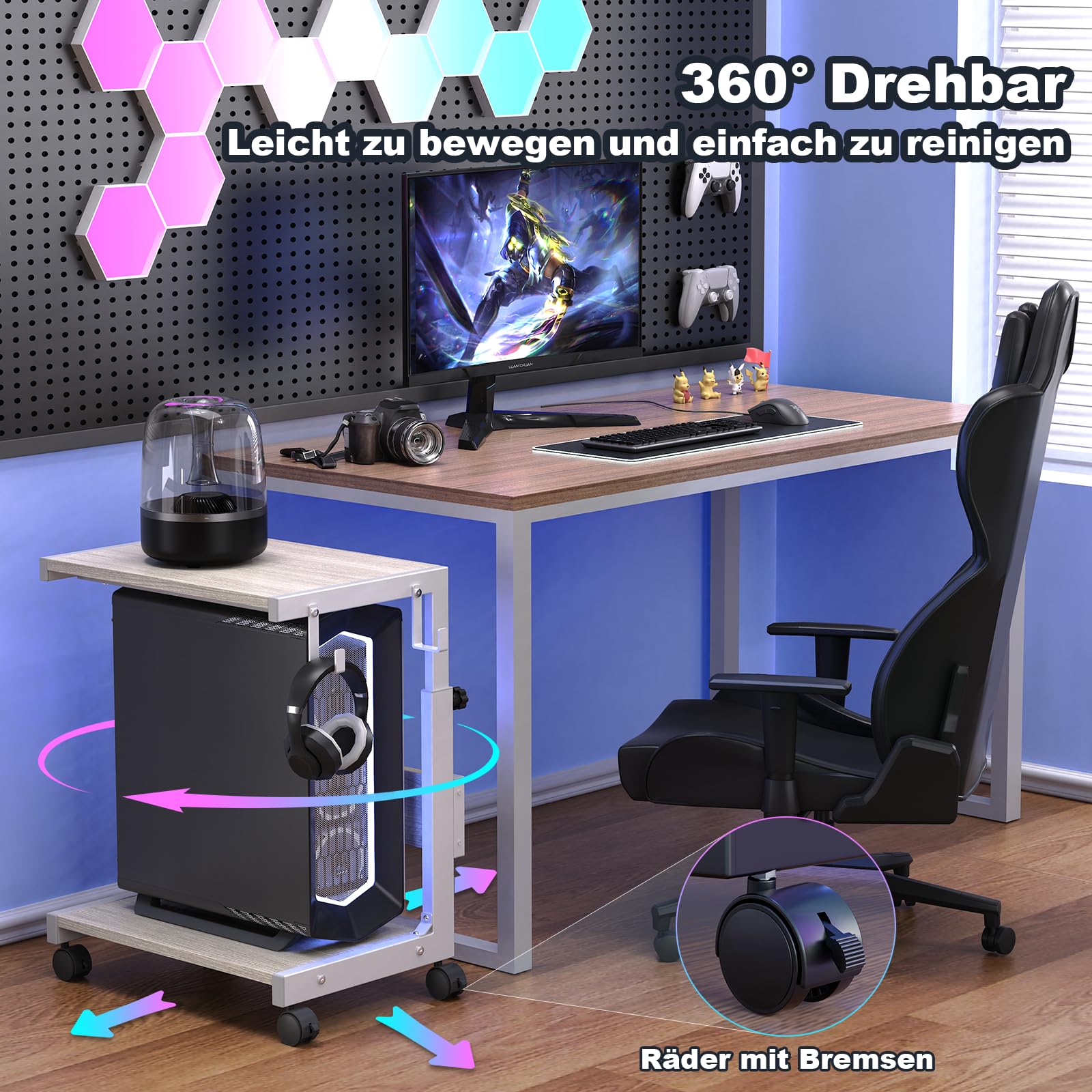 Höhenverstellbarer PC Ständer mit Rollen, 2 Haken, 2-stufig