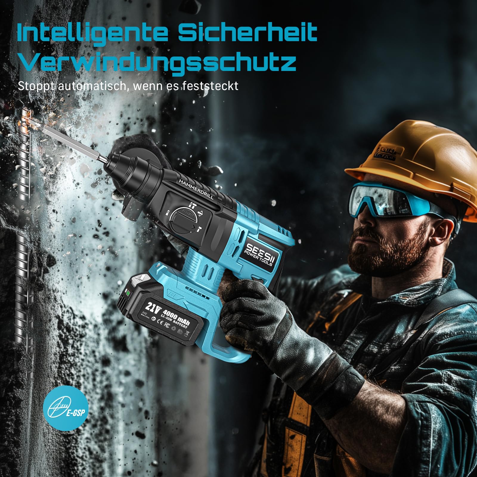 Seesii 2,5J Akku Bohrhammer: 600W Brushless Motor, mit 2 * 4,0AH Akkus und Ladegerät, Verbessertem Sicherheitsdesign, Multifunktionale Akku Schlagbohrmaschine für Heimwerker und Bauarbeiten