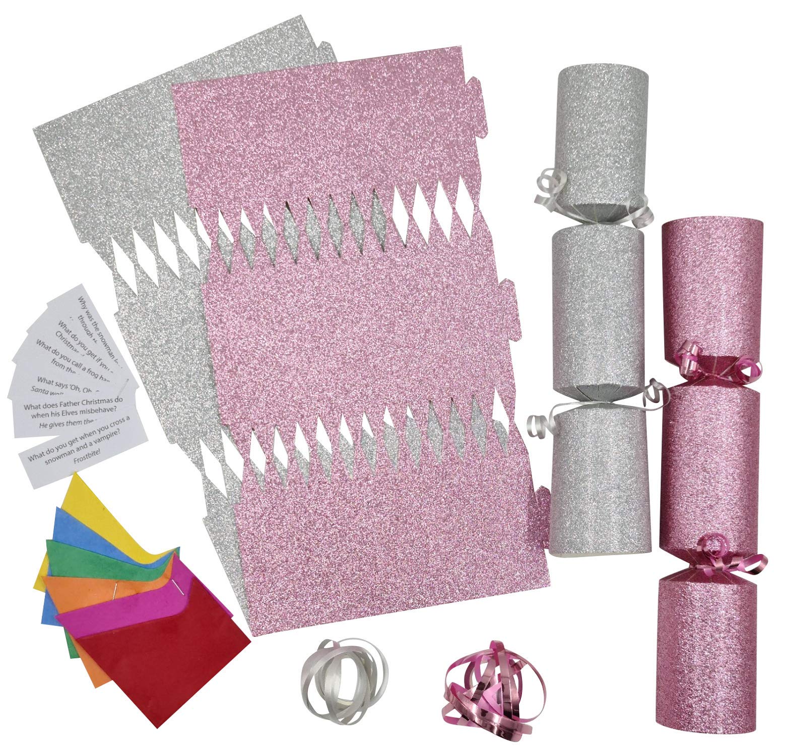 evelay 12 Make Your Own Christmas Cracker kit Crackers Hats Snaps Silver & Pink