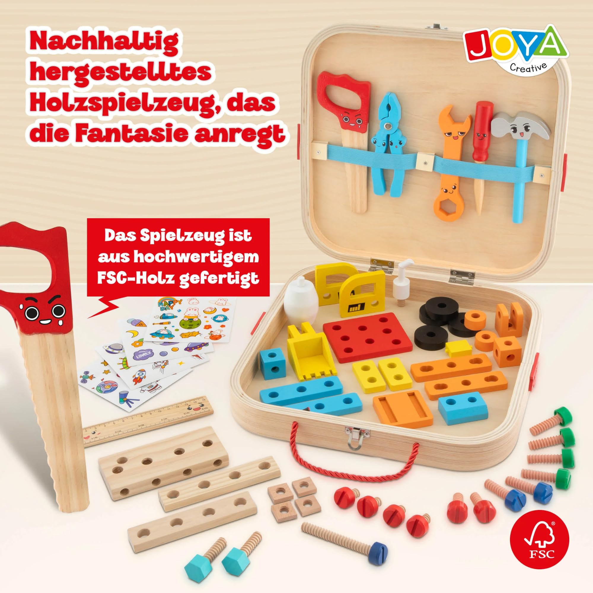 Set di 57 cassette degli attrezzi in legno, banco da lavoro giocattolo a partire dai 5 anni, per la costruzione di veicoli, attrezzi per bambini inclusi, multicolore