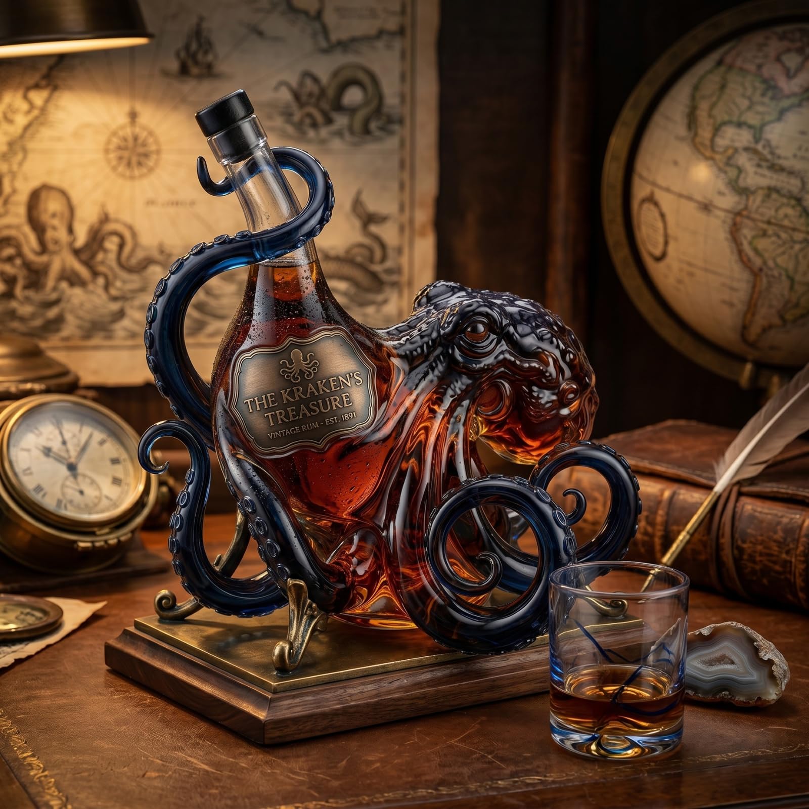 3D Sculpted Octopus Glass Bottle, Rum Edition Shaped Liquor Decanter, Deep Sea Nautical Art Collector Display for Wine and Beverage Storage, Artistic Centrepiece (Black)