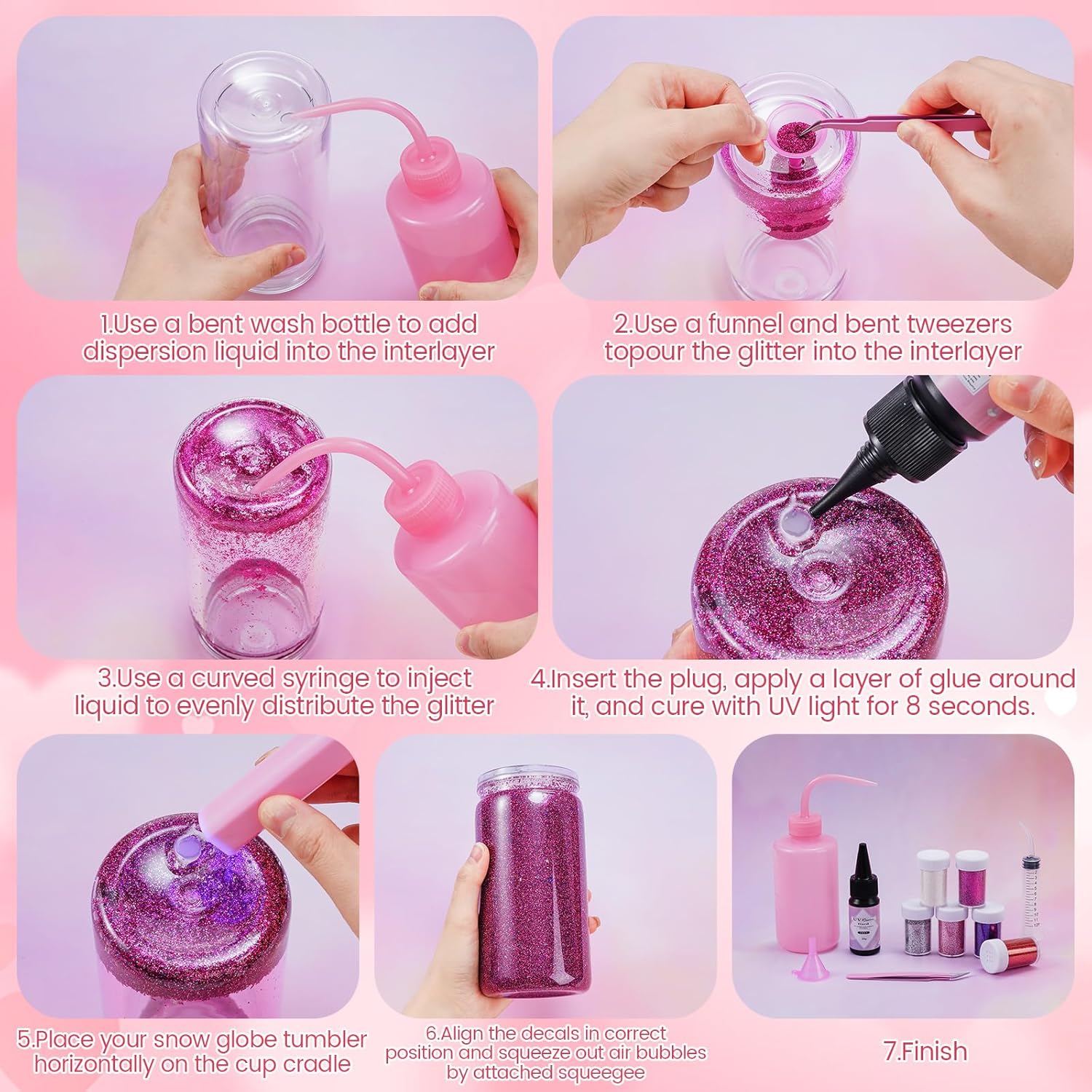 6 Pack Valentine's Day DIY Snow Globe Tumbler Supplies Kits 16oz Pre Drilled Double Wall Can Glitter Squeeze Bottle UV Resin Flashlight Pink Red Powder Stickers Valentine Making Tools for Starters - Image 2