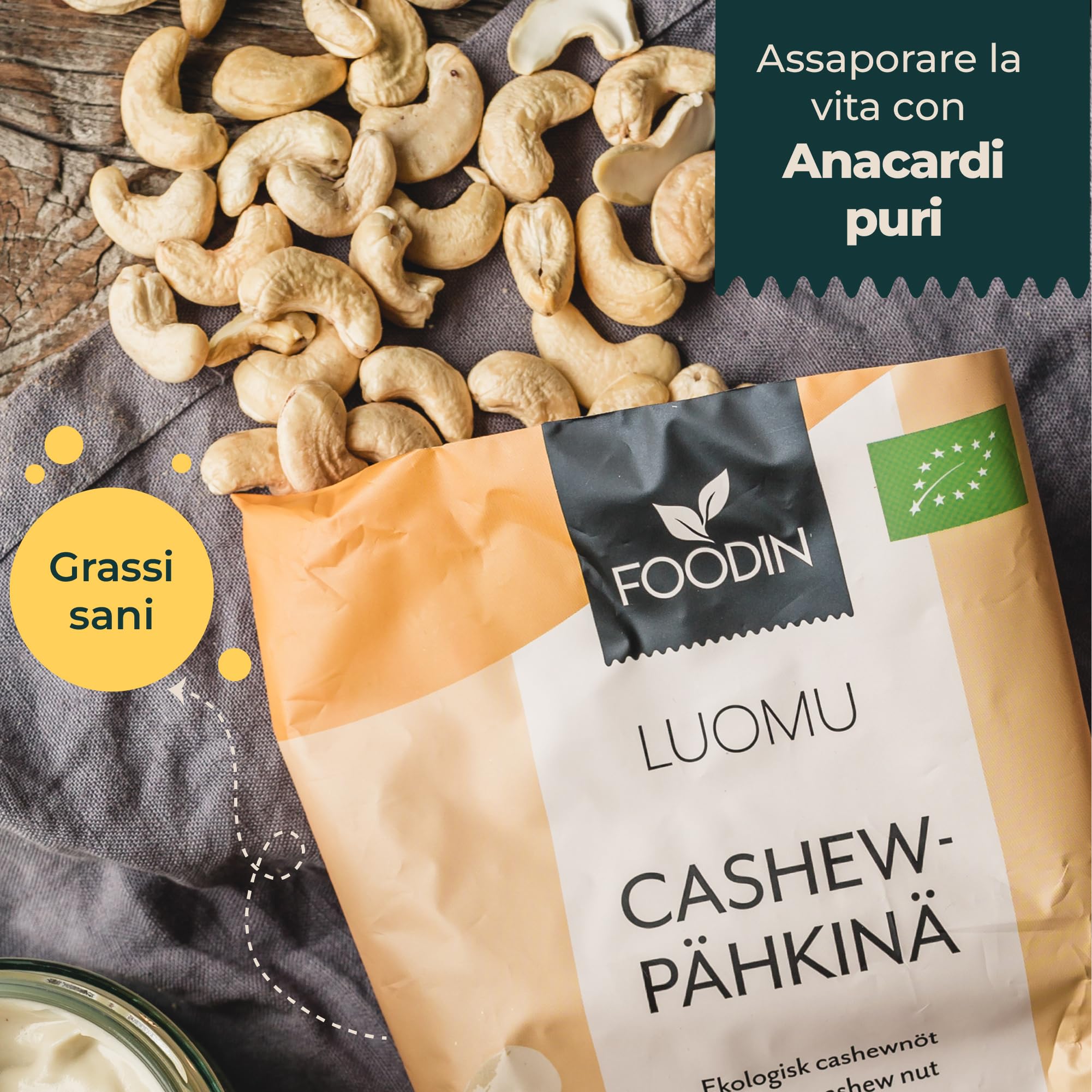 FOODIN Anacardi Biologici, 2x500g anacardi interi, buona fonte di proteine e grassi insaturi, 100% da agricoltura biologica, snack senza glutine e vegano, (2x500g)